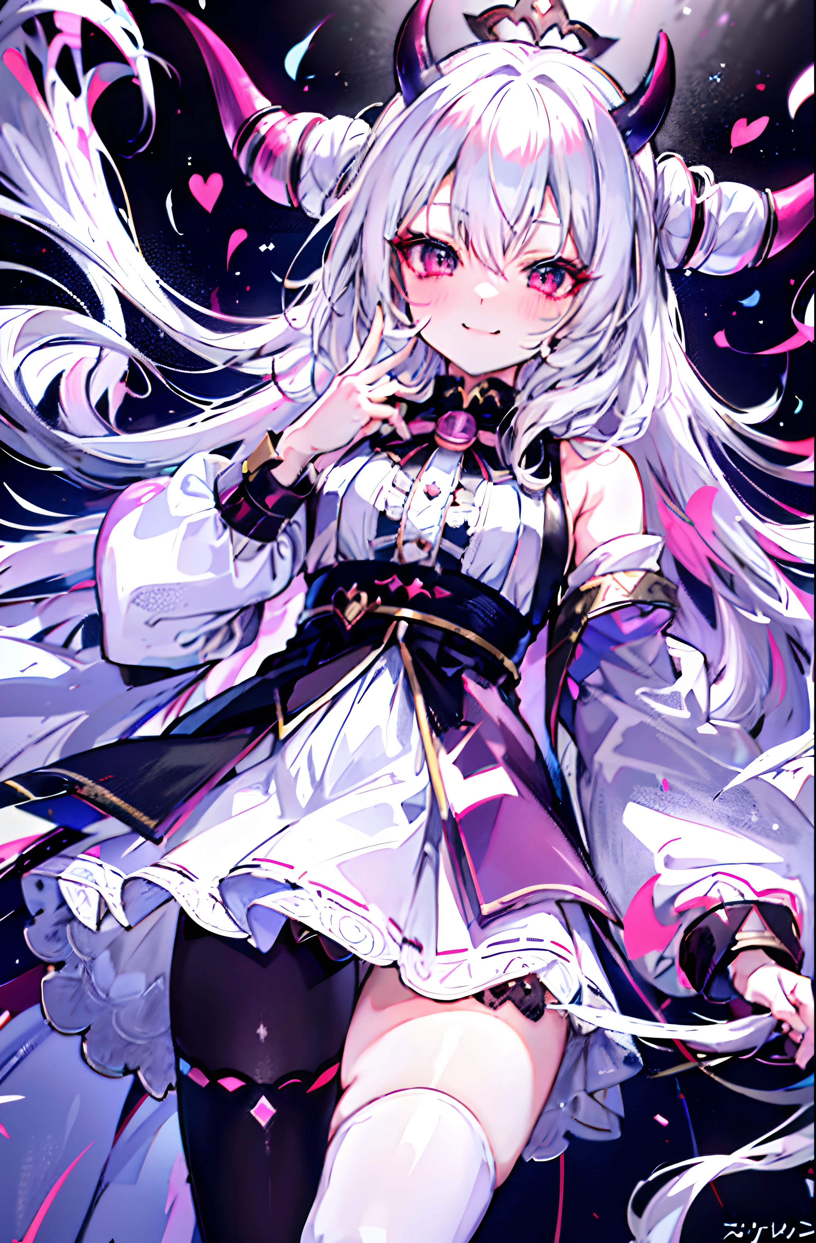 hair bobbles, long eyelasher, solid circle eyes, Light smile, Ear blush, Fang, Silver hair, Heart-shaped pupils, hair pin, mismatched sclera, Evil smile, Anime style, 8K, Super detail, ccurate, Best quality, hyper HD, 4K,Anime girl with horns and bow tie in white costume, With horns, girl design lush horns, cute horns, demon anime girl, white horns queen demon, mika kurai demon, Demon Girl, demon horn, demon white horns, detailed anime character art, portrait of demon girl, dnd portrait of a tiefling, Anime monster girl, oni horns, devil horns,Wearing a white coat