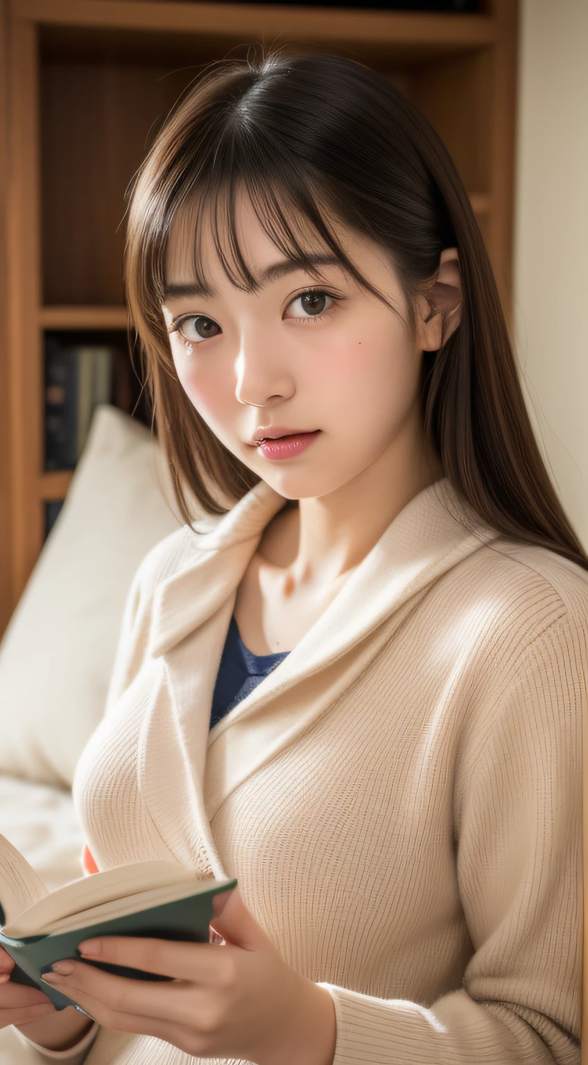 (Photo of a woman in uniform reading a book in a library)、(masterpiece、top-quality) 、For clear images、Strong sunshine、absolutely outstanding image, very extremely beautiful、masterpiece, top-quality,a picture, kawaii、(Colossal tits:1.2)、((20 year old woman:1.2))、(The skin is reddened:1.3)、Young adorable Japan face, dewy skin, close up of face,Soft portrait shots,8k,Japan girl realistic young idol、Young cute gravure idol、Young Sensual Gravure Idol、Young gravure idols、model in Japan
