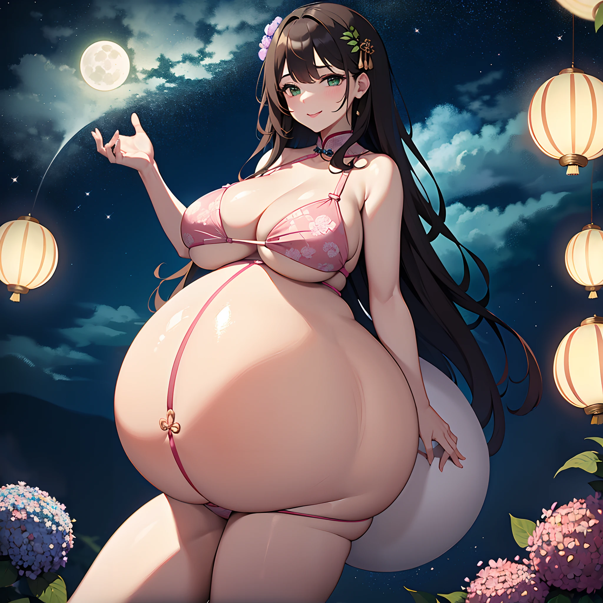 Masterpiece, Best quality, Night, full moon, 1 girl, Mature woman, Chinese style, Ancient China, The beautiful man looked at her pregnant belly and smiled, Big  Bump pregnant, Bigboobs, Nippur,Big black balloon big pregnant belly, Big Pregnant girl, Largest Belly of Pregnant, A belly bigger than a person，Huge Pregnancy, Huge 600,000 months gestation，Brown hair, Princess cut, Single strips of fried dough twisted braid, Coiled hair, Double ball head, Light pink lips, calm, Intellectual, mid hair, green pupills, Hairpin, hydrangea,