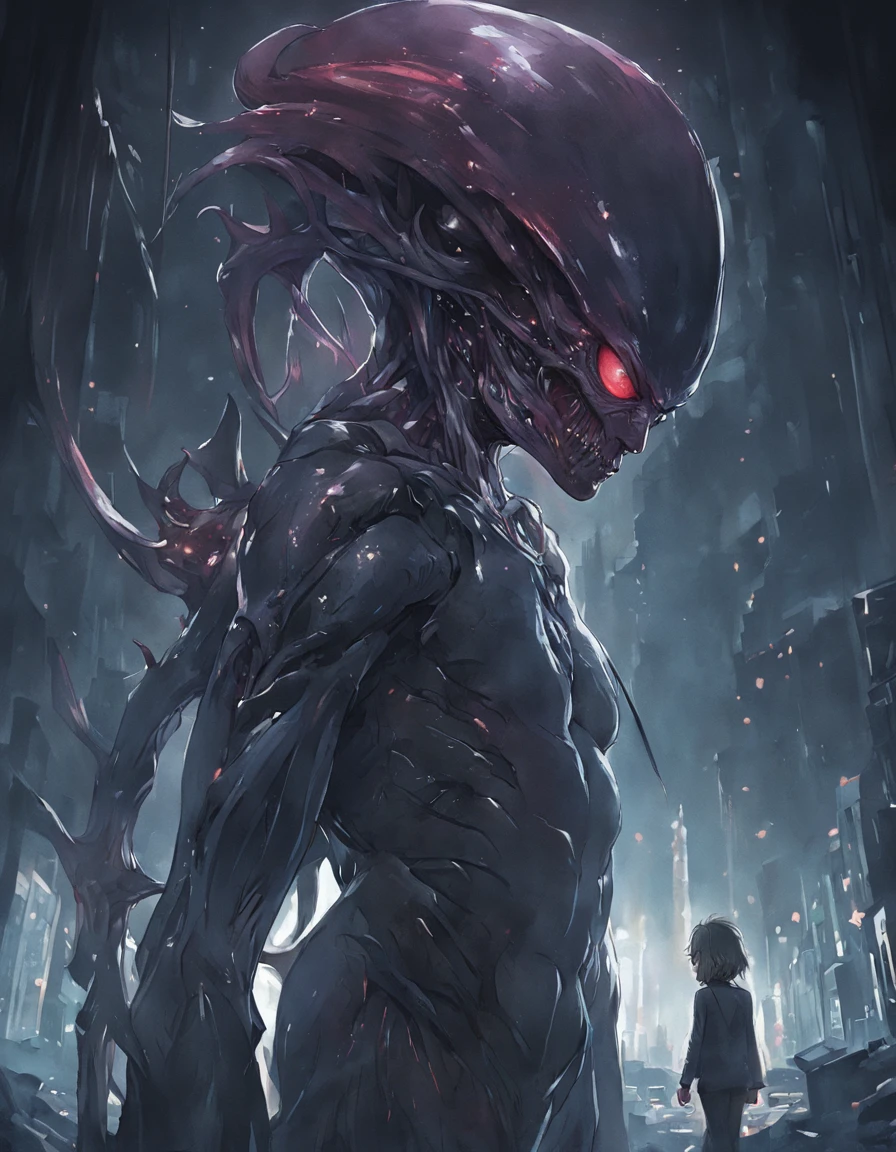 Alien invasion,eerie,tosen,Blood,The city was destroyed,of a real,Facial features are carefully depicted,Realistic skin texture,Dark style,depth of fields,high light,Real light,Ray traching,oc rendered,Hyper-realistic,best qualtiy,8K,Works of masters,super-fine,Detailed pubic hair,Correct anatomy,sharp focus on eyes,Bokeh,Facial features are carefully depicted