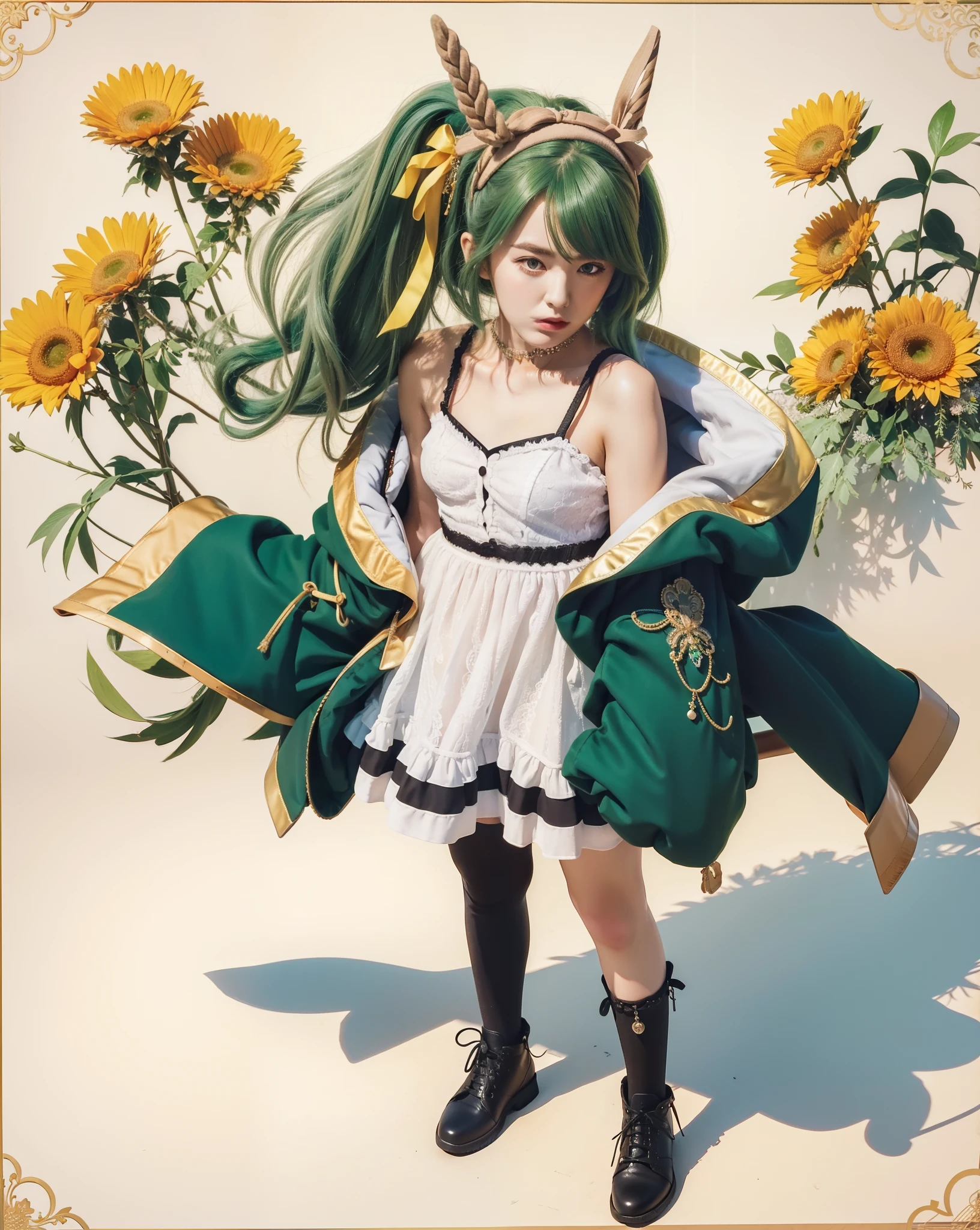 masterpiece, best quality, komeiji_koishi, green_eyes, heart_of_string, yellow_shirt, hat, eyeball, skirt, wide_sleeves, 1girl, green_skirt, frills, green_hair, black_headwear, shirt, long_sleeves, bow, looking_at_viewer, yellow_bow, frilled_sleeves, solo, heart_hands, underwear, heart-shaped_pupils, hat_ribbon, string, holding_clothes, frilled_shirt_collar, hat_bow, blouse,  yellow_blouse,  hair_between_eyes, ribbon, yellow_ribbon