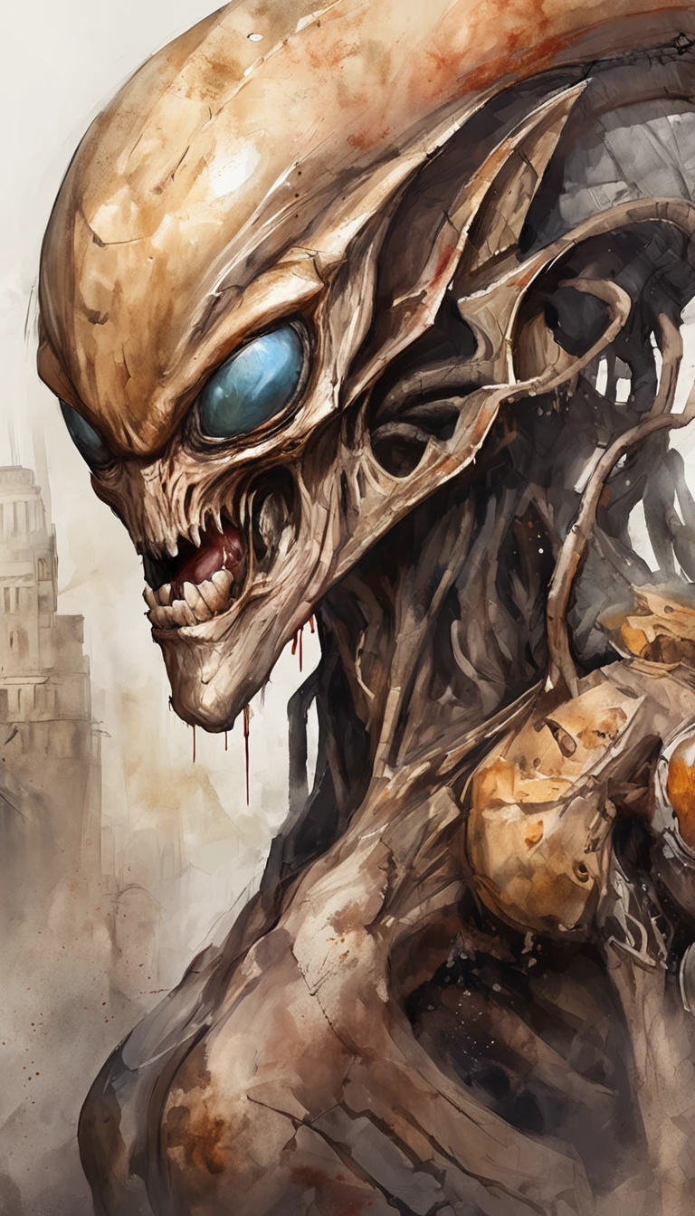 Alien invasion,eerie,tosen,Blood,The city was destroyed,of a real,Facial features are carefully depicted,Realistic skin texture,Dark style,depth of fields,high light,Real light,Ray traching,oc rendered,Hyper-realistic,best qualtiy,8K,Works of masters,super-fine,Detailed pubic hair,Correct anatomy,sharp focus on eyes,Bokeh,Facial features are carefully depicted