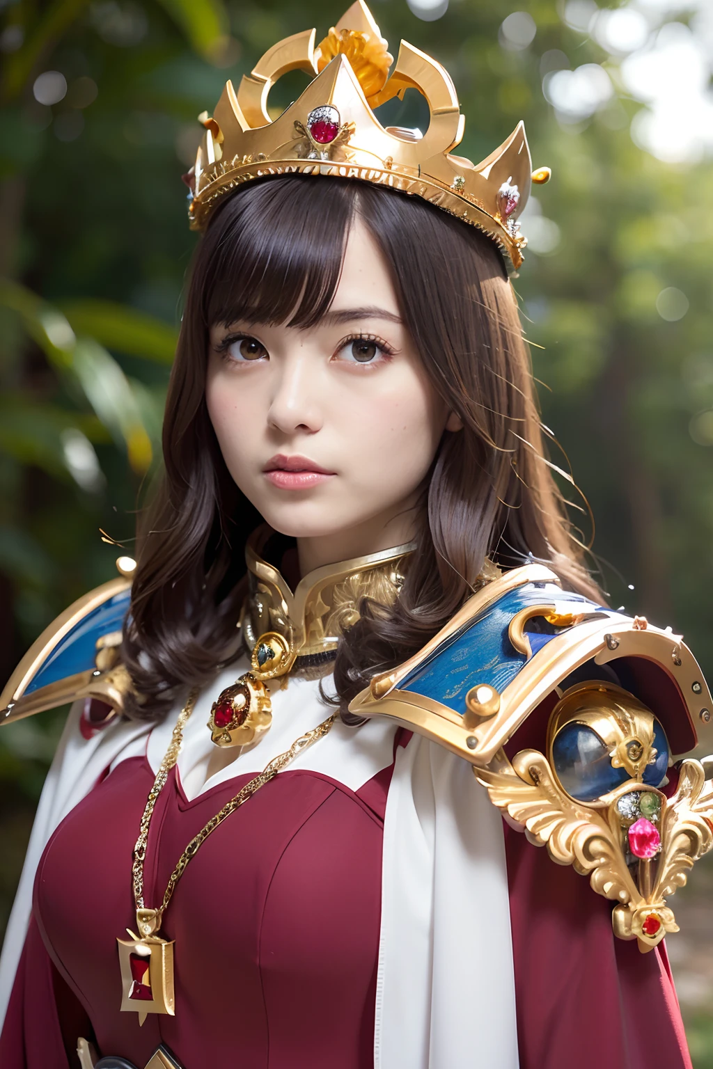 (masutepiece), Professional , ​masterpiece、top-quality、photos realistic , depth of fields ,（Wind element），close-up，dream magical，tornado，Lightning，（Gemstone Gold Jewel Body:1.９),(Matte White、Jewel Gold Weapon_（Gemstone Metal Body:1.４),Luminous Luxury Jewel Metal Weapon ,(( Detailed Sword of the Brave)) ,  Black castle background  ,warhammer 40k , adepta sororitas,Detail and ornate jewel crown、Brown hair、Gangle's forest background、Beautiful Caucasian beauty、１a person、dynamic ungle,(((Detailed and ornate diamond crown)))、Particles of light、cleavage of the breast、Battle Pose、