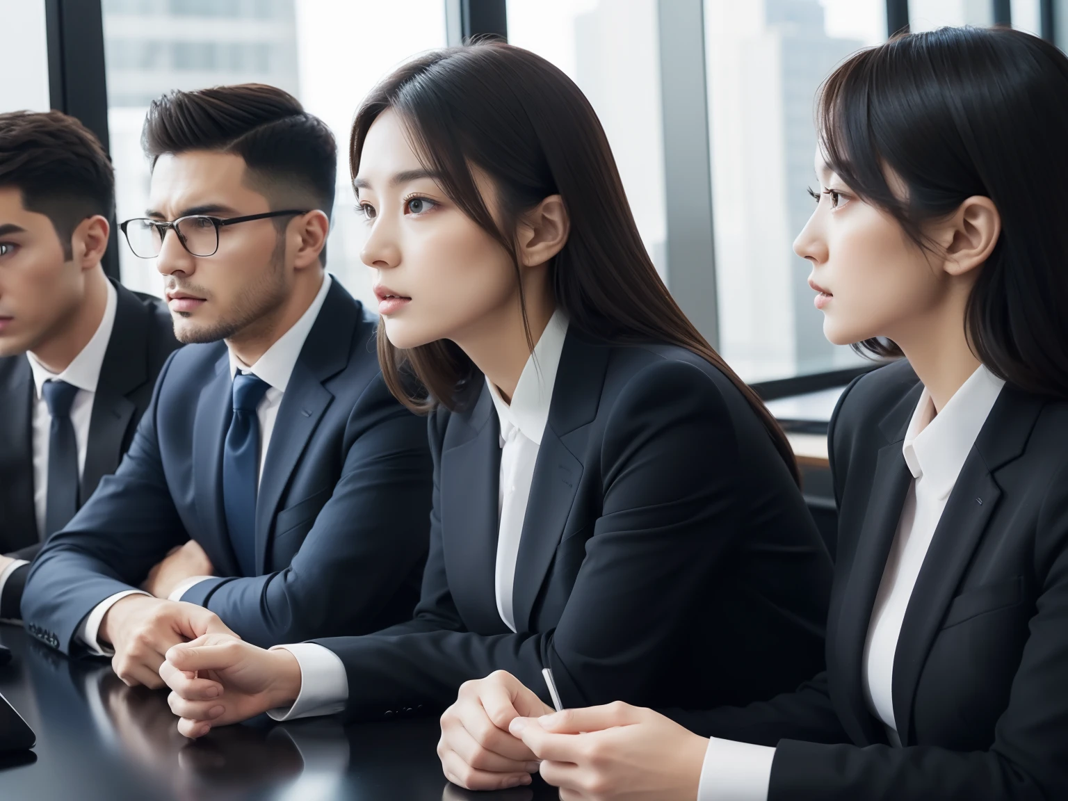 Man in Suit、Sunny office、meeting、presentation、Multiple men and women、Serious gaze