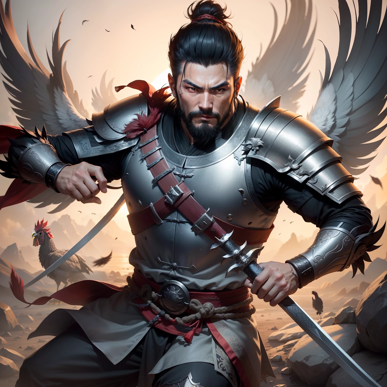 High-quality 8K quality,An ancient Chinese warrior,Dressed in gray cloth and short armor,Short beard,Very handsome and dashing,Determined eyes,Swing a long sword in hand,The background is early morning,The sun is just born,There is a big crowing rooster on the ground next to it。