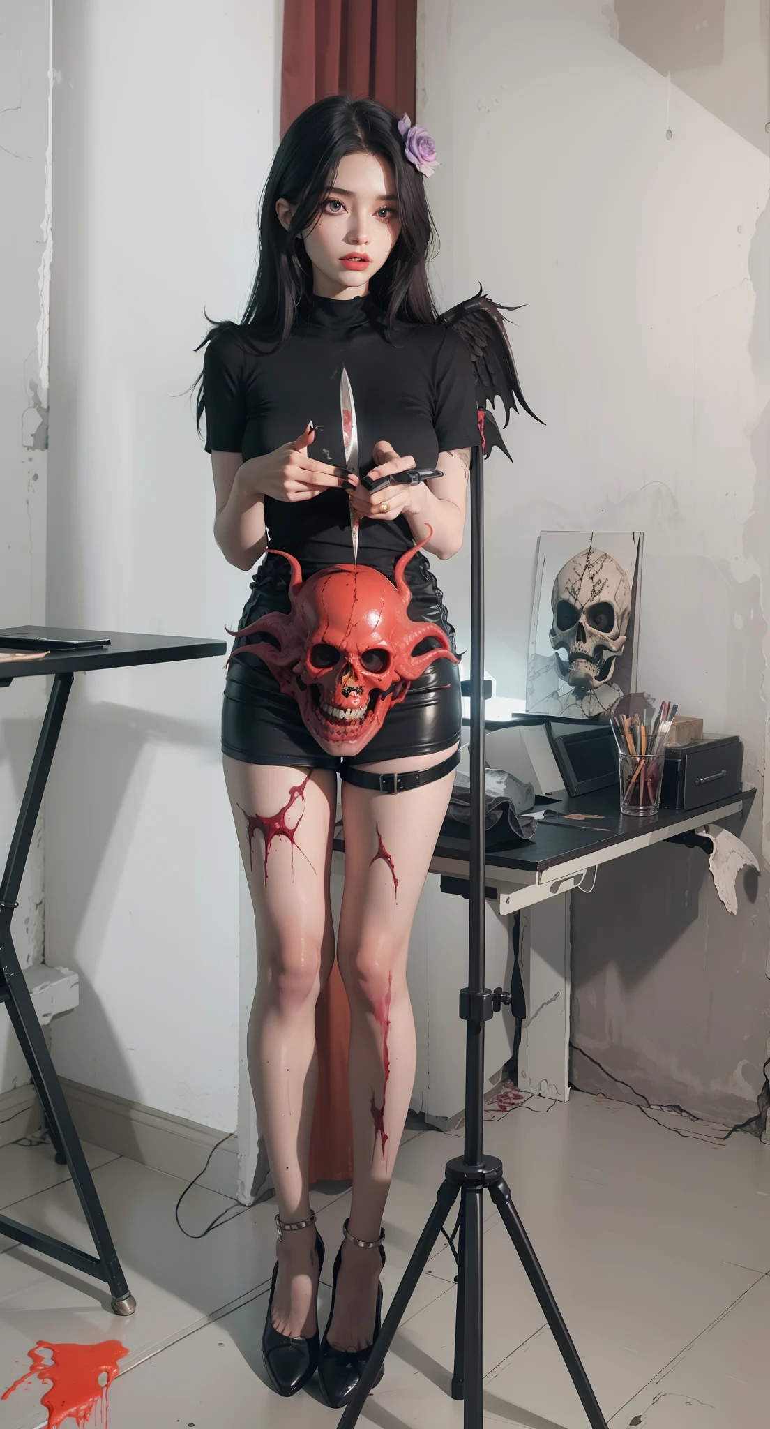 Fine matte paint，Skeleton Dark Angel, Haunted castle with large wings, Fill the drawing table with a knife，terroral，uncanny，horrid，secret terror，tentaculata，grape trees，The eye，uncanny valley effect teeth，all  fours，Critters，Blood Moon，4K，high qulity，Beautuful Women，Delicate face
