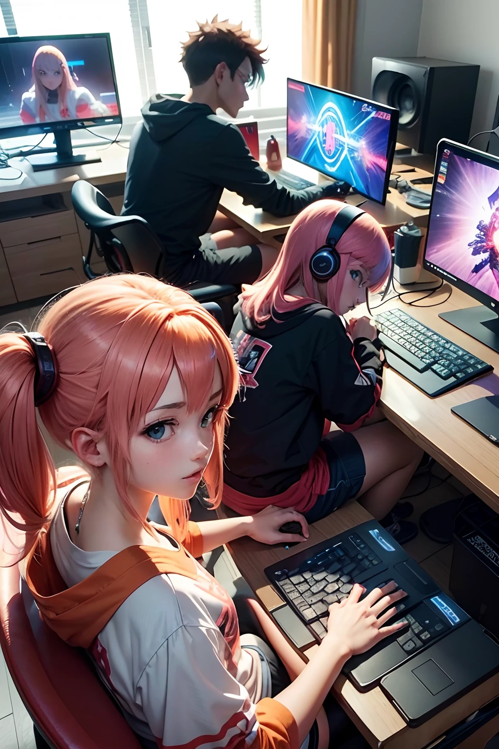 “(((anime, Turminha Online))) group of age gamers boys and girls in front of the computer playing online, Impressive quality in 8K.”