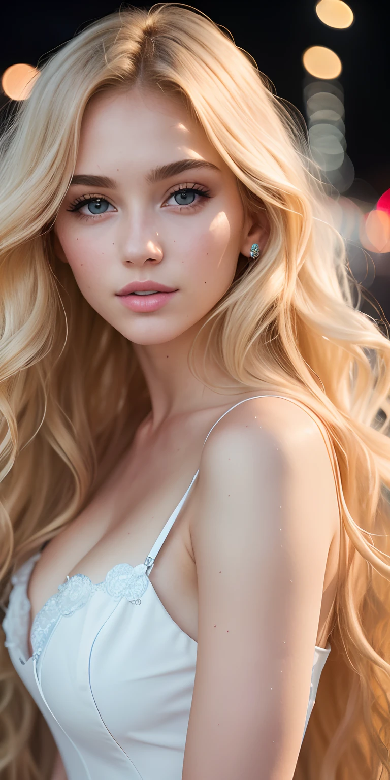 Photo of a 20-year-old European girl, raw, Beautiful woman, (Long wavy blonde hair), ((Portrait)), ((Detailed face:1.2)), ((detailed facial features)), (finely detailed skin), pale skin,Park, London Ferris Wheel、One piece dress with fluffy cleavage visible、A sexy(cold color), moist, moist, Reflectors, (masutepiece) (perfectly proportions)(photos realistic)(Best Quality) (Detailed) photographed in a Canon EOS R5, 50mm Lens, F/2.8, nffsw, (Grinning) (Wallpaper) (Cinematic lighting) (Dramatic Lighting) (foco nítido) (Convoluted) Fashion, From above