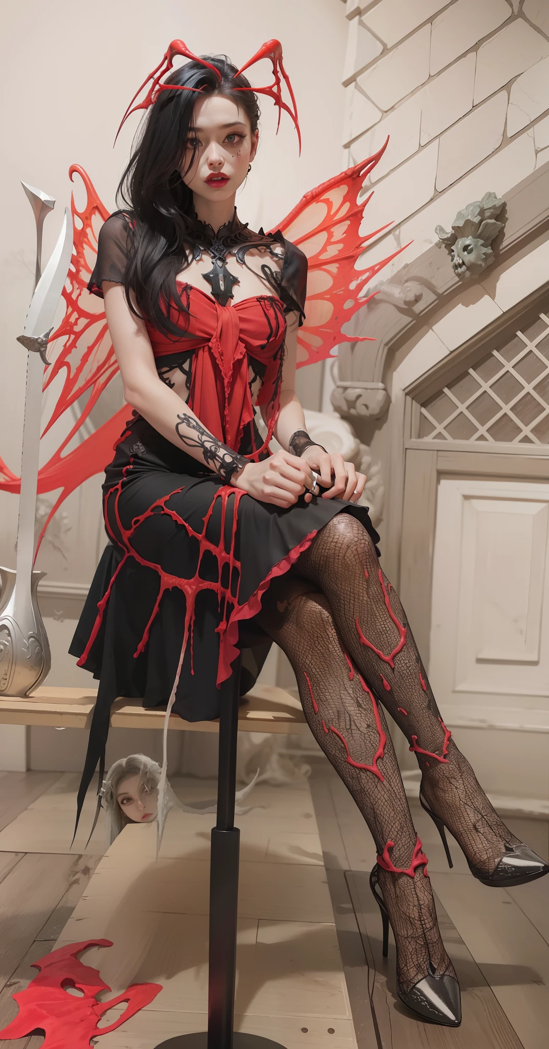 Fine matte paint,Skeleton Dark Angel,Haunted castle with large wings, Fill the drawing table with a knife,terroral,uncanny,horrid,secret terror,tentaculata,grape trees,The eye,uncanny valley effect teeth,all fours,Critters,Blood Moon,Woman's carcass,body art,Sexy beauty,8K,Blu-ray quality,Stunning graphics,