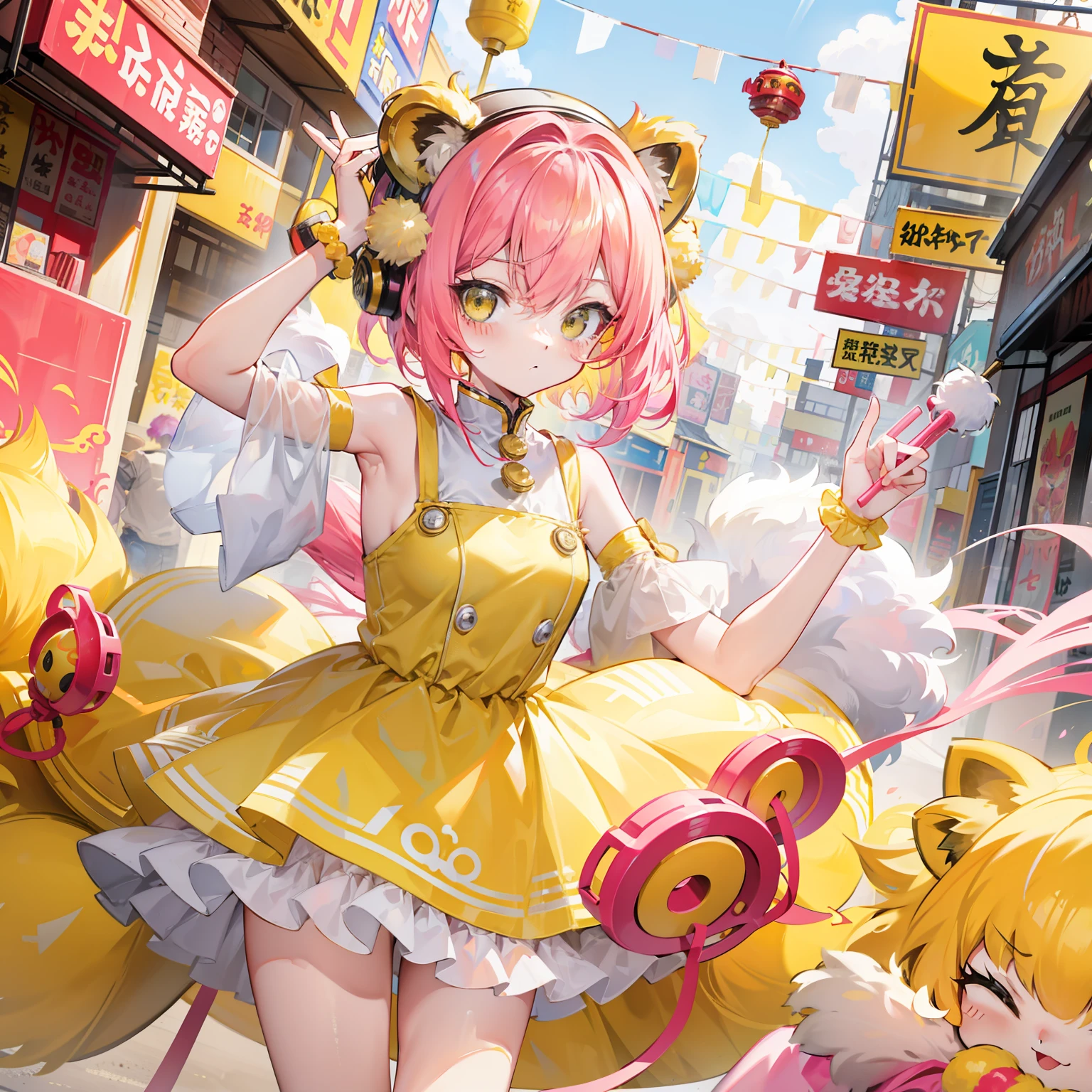 Short, helmet-like yellow-pink hair with a fluffy feel,Wear slender clothes with yellow powder,It's a quirk,Very cute lion dance