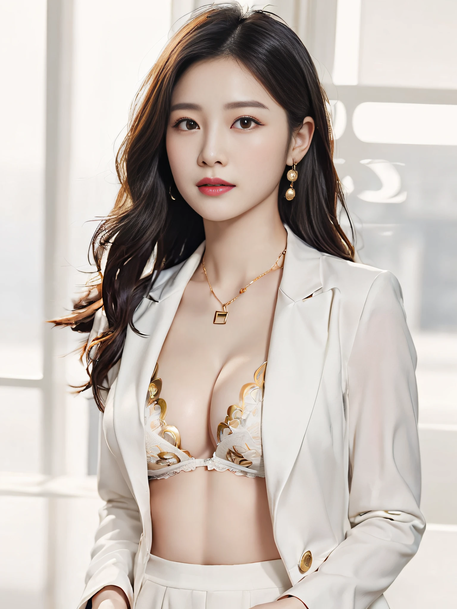 Asian woman in araffe in white suit and gold necklace, Gorgeous young Korean woman, (((beautiful countenance))),(((big eye))),(((Beautiful eyes))),(((long lashes))),((Beautiful teeth alignment)),beautiful Korean women, (((huge tit))), ((cleavage of the breast)),(( nippleless)),Beautiful young Korean woman, gorgeous chinese model, Korean Girl, Korean Woman, korean female fashion model, Beautiful Asian Woman, White bra, Beautiful Asian Girl, Hwang Se - On, female actress from korea, a beautiful woman in white, Beautiful young asian woman