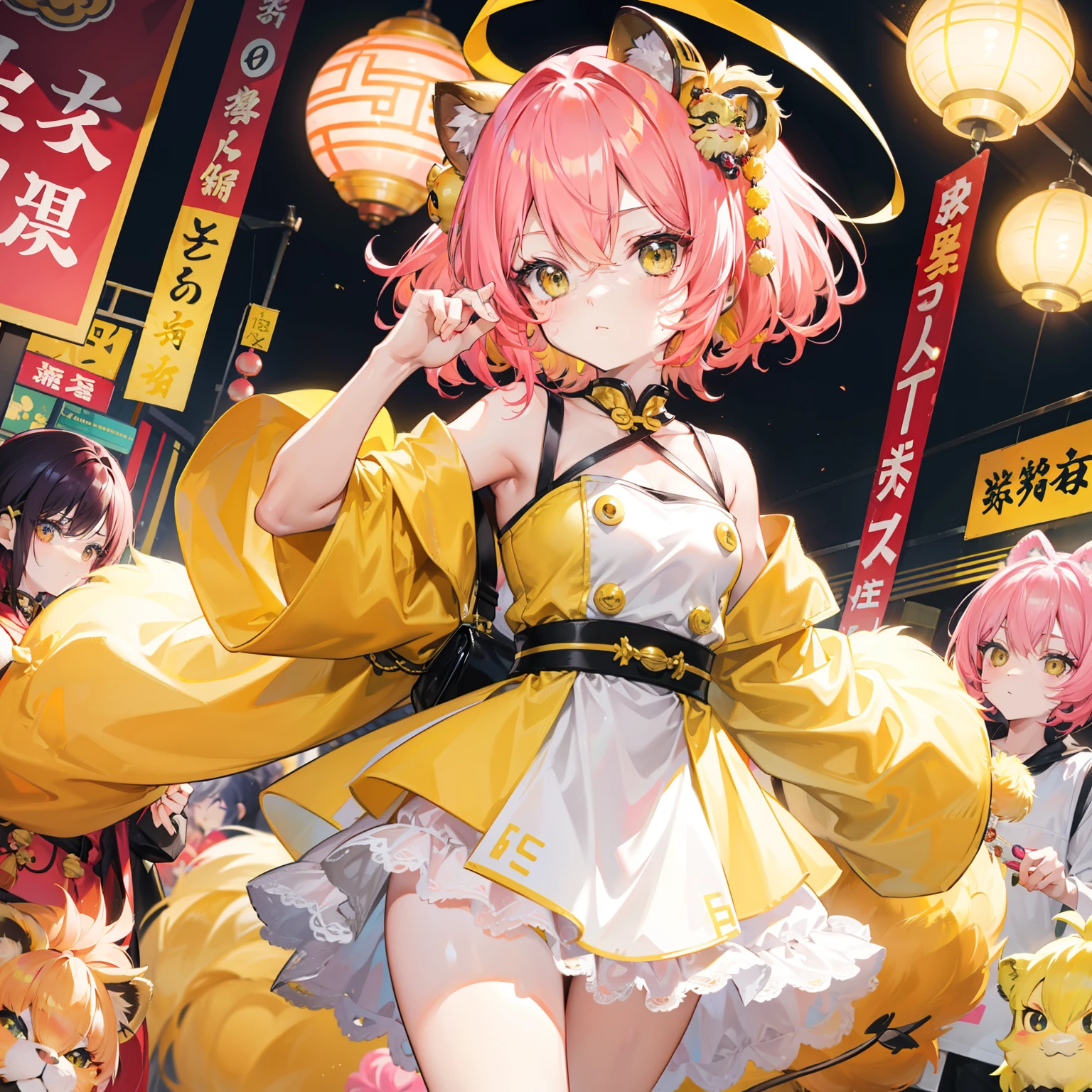 Short, helmet-like yellow-pink hair with a fluffy feel,Wear slender clothes with yellow powder,It's a quirk,Very cute lion dance loli