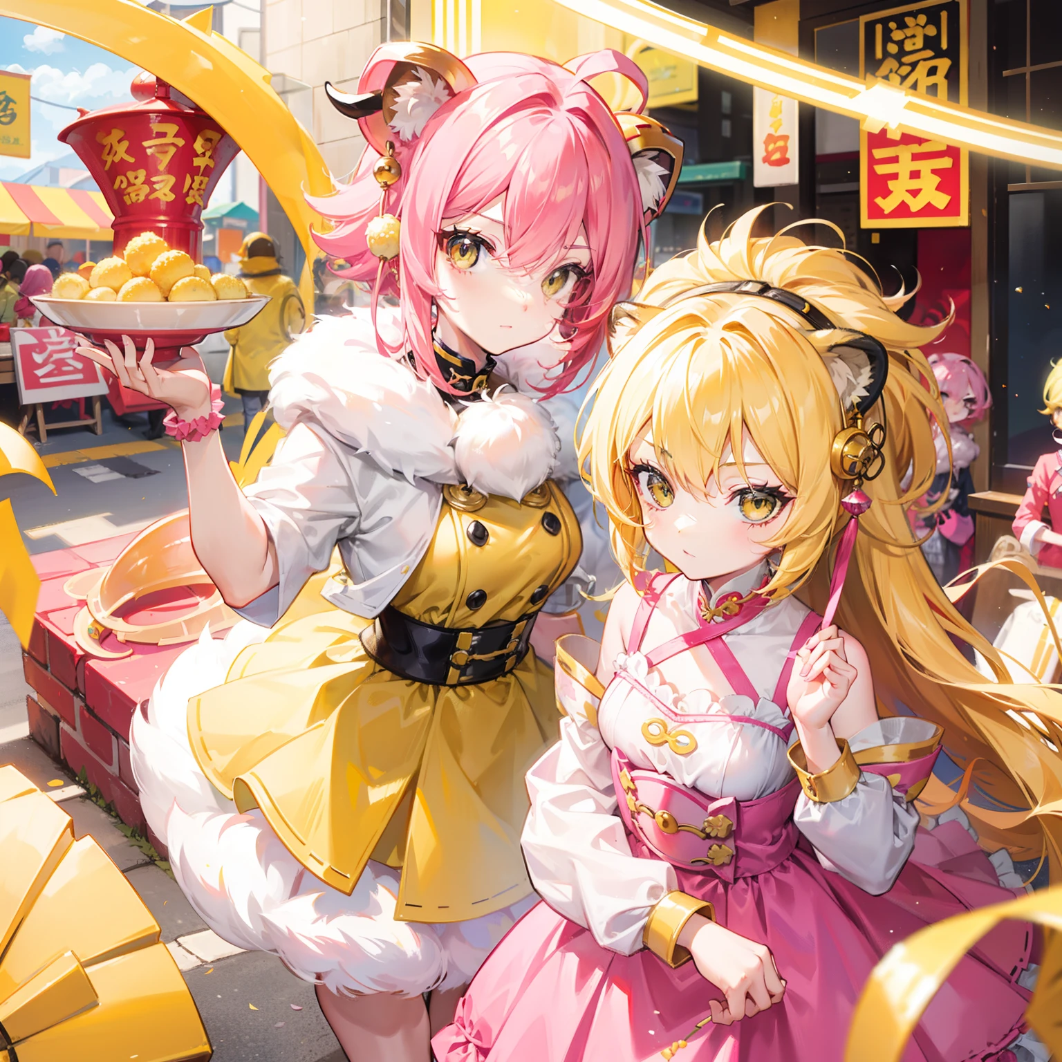 Short, helmet-like yellow-pink hair with a fluffy feel,Wear slender clothes with yellow powder,It's a quirk,Very cute lion dance