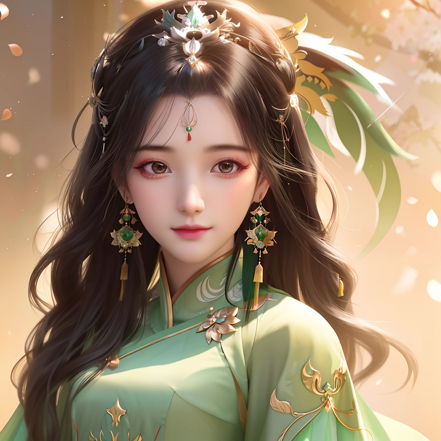 a close up of a woman with long hair wearing a green dress, Beautiful character painting, Palace ， A girl in Hanfu, Chinese girl, a beautiful fantasy empress, inspired by Du Qiong, Chinese style, Princesa chinesa antiga, Inspired by Lan Ying, Guviz-style artwork, ((a beautiful fantasy empress)), trending on cgstation, Chinese fantasy