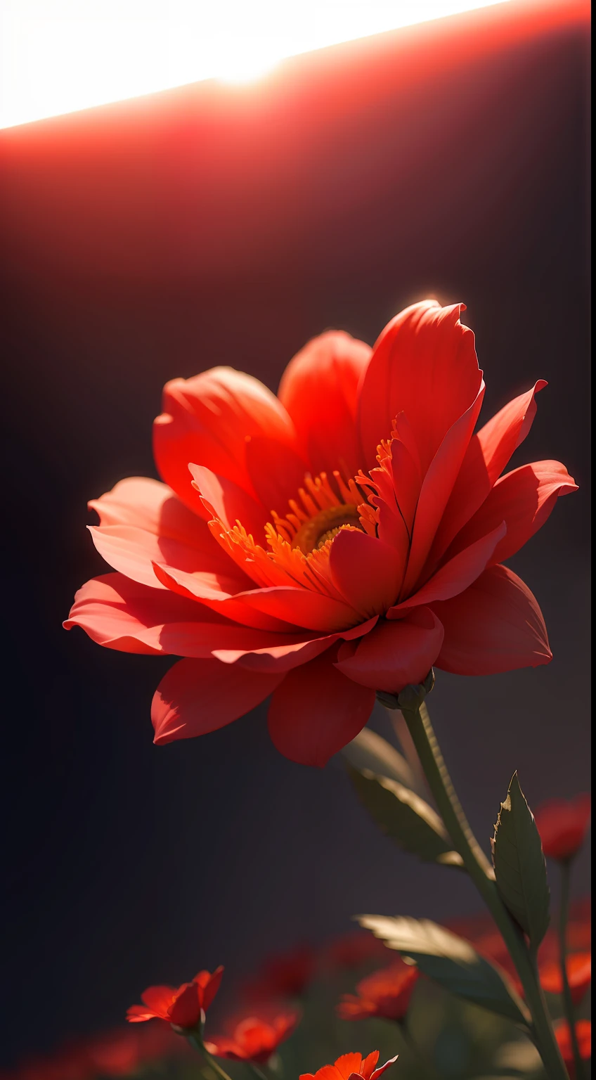 Red flowers,Hazy background,and the sun was shining brightly,high detal,Perfectcomposition,first person perspective。
