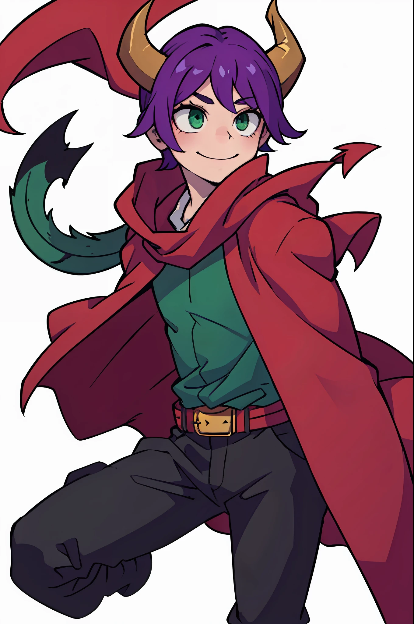 Boy with purple hair、short-hair、((Green eyes))、Devil's horns and tail、((Deformed))、A smile、red cloak、Composition that reflects the whole body、White background