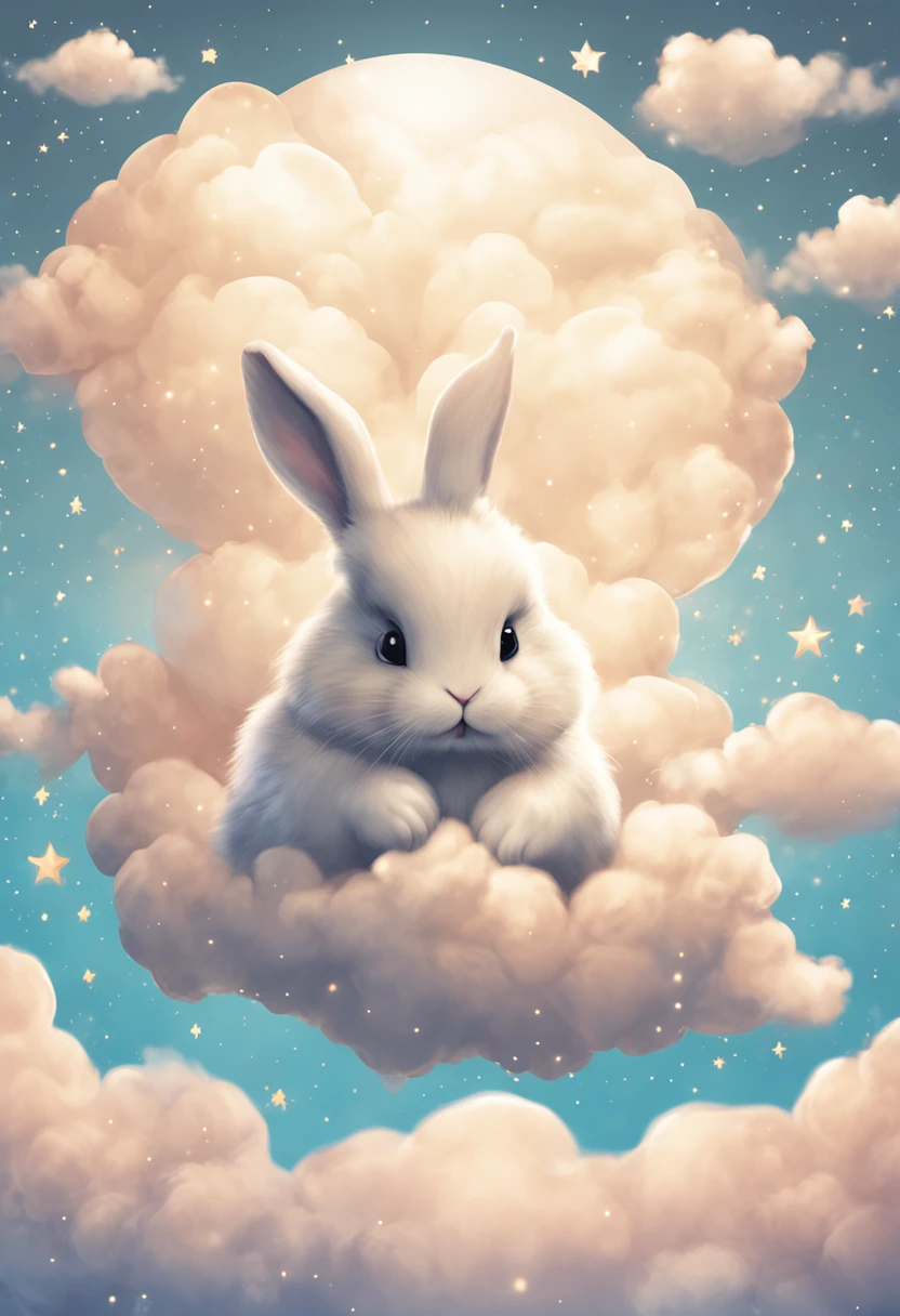 a cute bunny in a cloud over some stars framed by clouds on a wall, in the style of digital collage, dreamlike scenarios, animated gifs, ethereal dreamscapes, light brown and sky-blue, tarot card, eiichiro oda