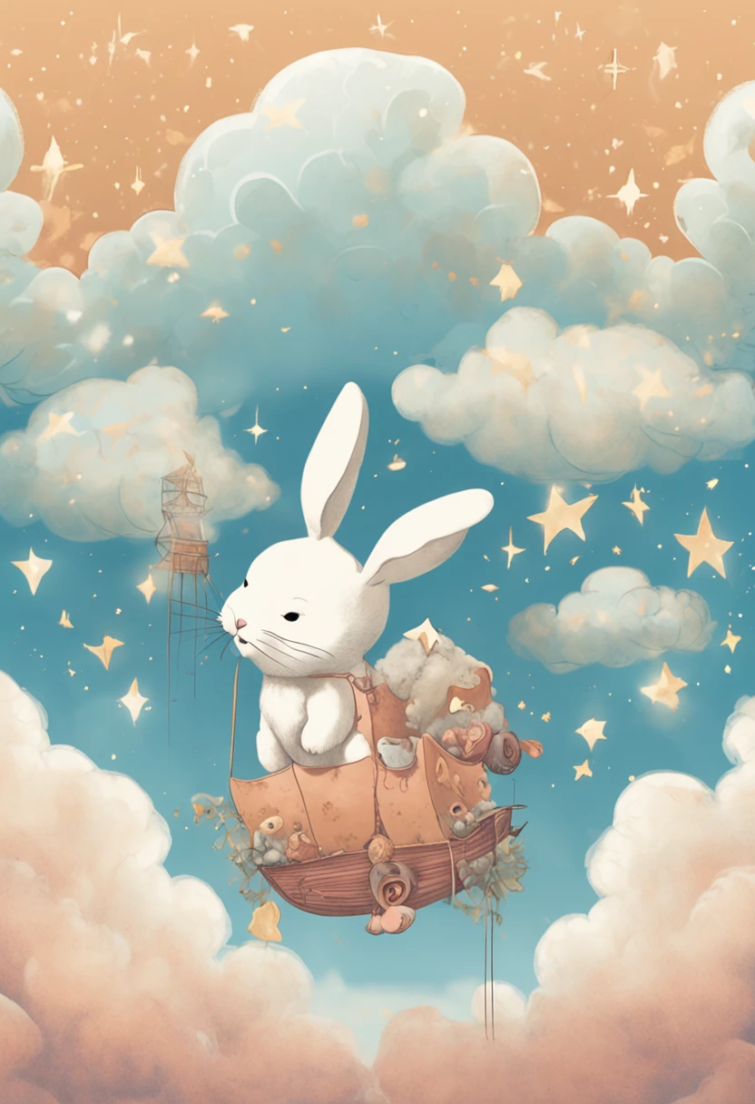 a cute bunny in a cloud over some stars framed by clouds on a wall, in the style of digital collage, dreamlike scenarios, animated gifs, ethereal dreamscapes, light brown and sky-blue, tarot card, eiichiro oda