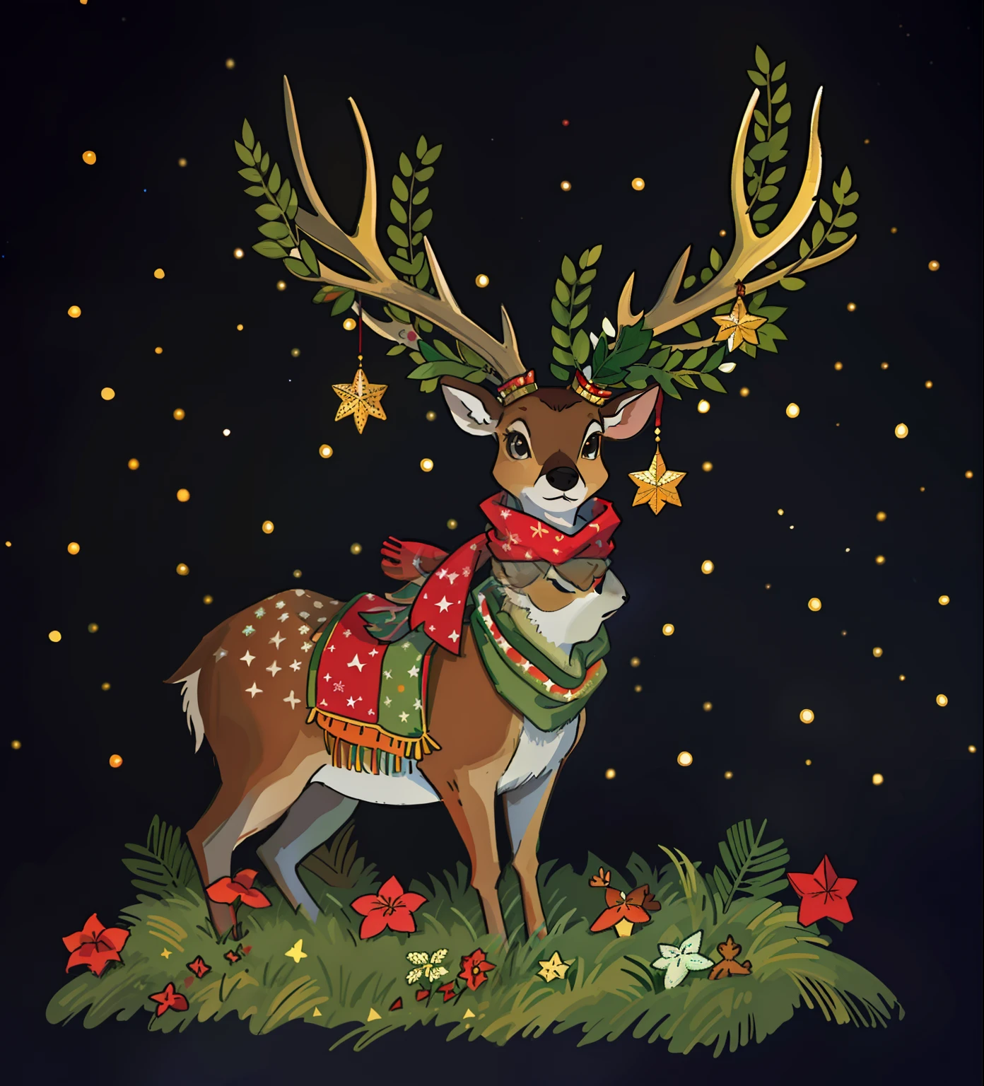 Close-up of a deer wearing a scarf and stars, Bucks wearing crowns, inspired by Rudolph F. Ingerle, anthropomorphic deer, an anthropomorphic deer, anthropomorphic female deer, deers, anthropomorphic deer female, festivity, hight decorated, amazing depth, short antlers, deer antlers