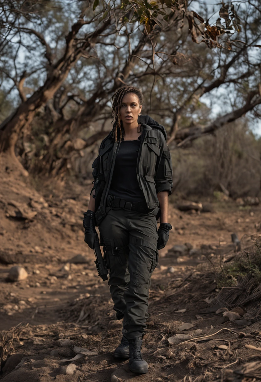 dreadlocks, tacticool, all black clothing, female