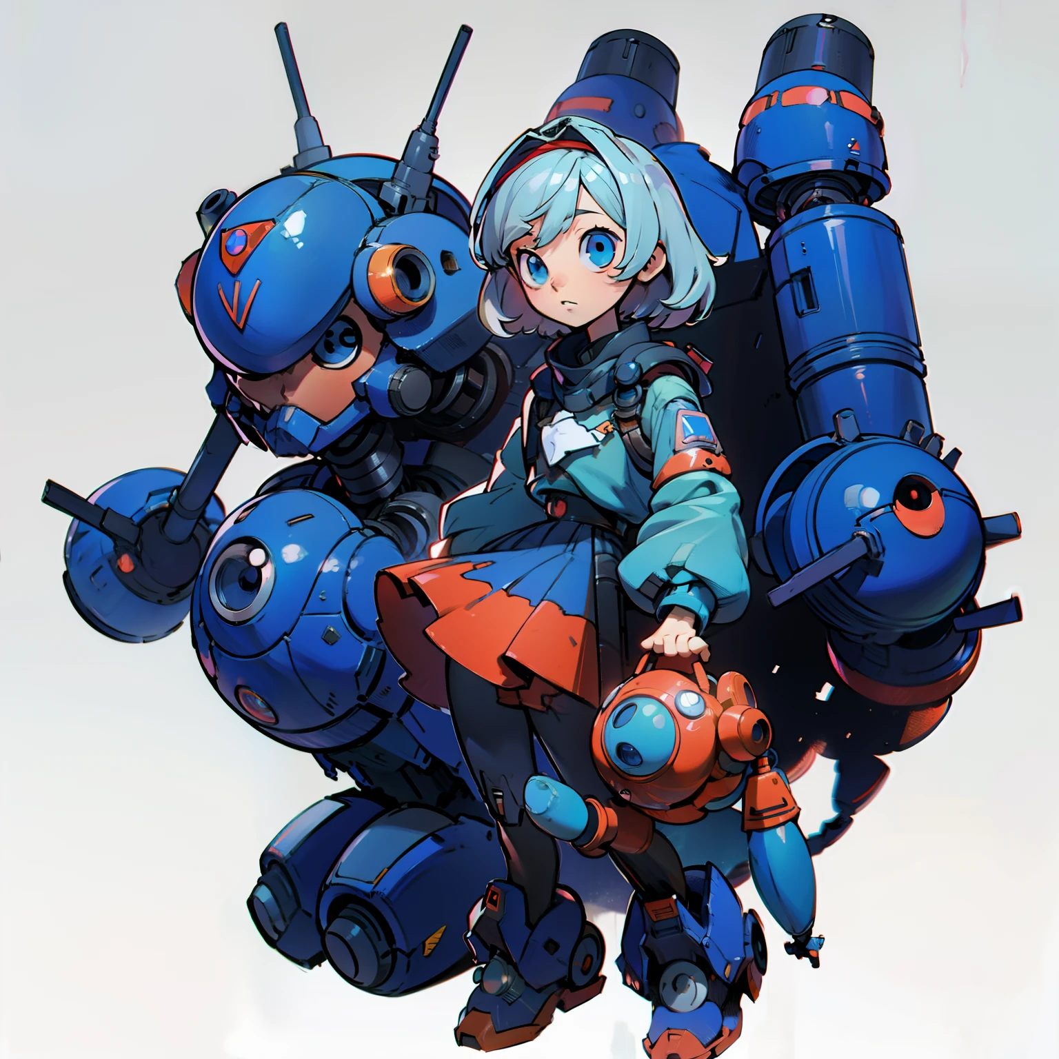 masutepiece, Best Quality, Full body shot, No background, White background, chibi, blue robot, girl, bomb robot