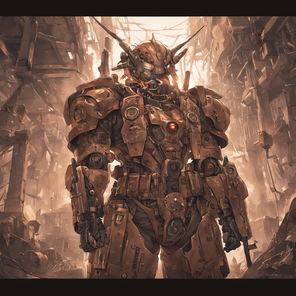 Ultra high resolution, steampunk-styled illustration, soldier posing in warzone, mechanical armor, intricate gadgets, dystopian battlefield, industrial machinery, professional artist, captured with Pentax 645Z, 75mm lens, Ilford Delta 3200, art by H.G. Wells-inspired, heroic mood, brass and copper tones, textured surfaces, steam effects, cogwork details, gritty background, imaginative weaponry, strong stance, otherworldly technology, fierce expression