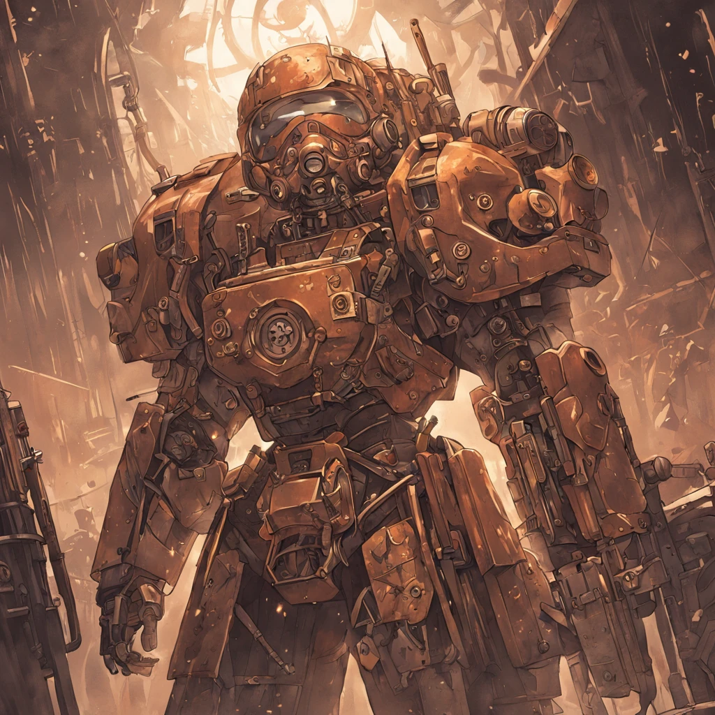 Ultra high resolution, steampunk-styled illustration, soldier posing in warzone, mechanical armor, intricate gadgets, dystopian battlefield, industrial machinery, professional artist, captured with Pentax 645Z, 75mm lens, Ilford Delta 3200, art by H.G. Wells-inspired, heroic mood, brass and copper tones, textured surfaces, steam effects, cogwork details, gritty background, imaginative weaponry, strong stance, otherworldly technology, fierce expression