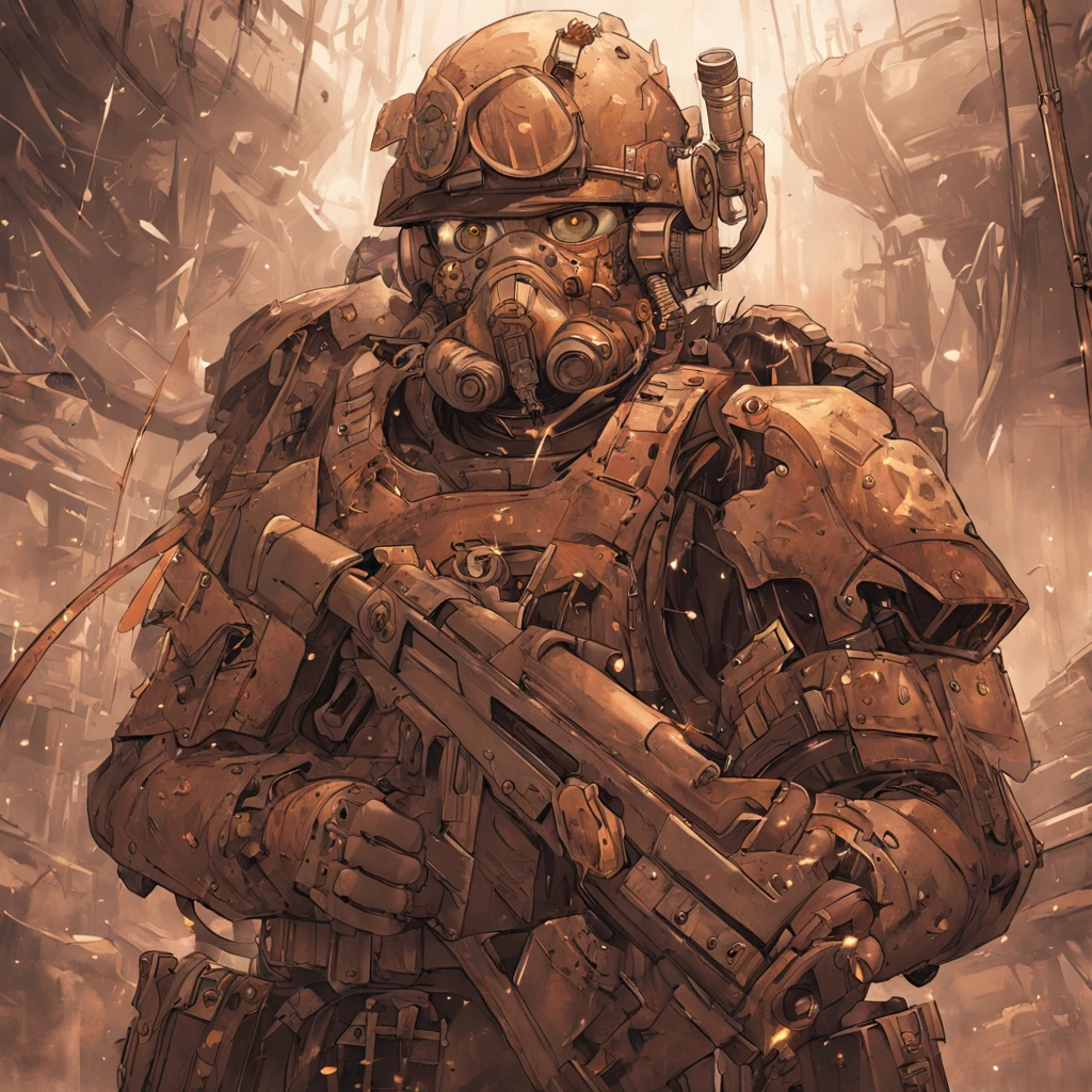 Ultra high resolution, steampunk-styled illustration, soldier posing in warzone, mechanical armor, intricate gadgets, dystopian battlefield, industrial machinery, professional artist, captured with Pentax 645Z, 75mm lens, Ilford Delta 3200, art by H.G. Wells-inspired, heroic mood, brass and copper tones, textured surfaces, steam effects, cogwork details, gritty background, imaginative weaponry, strong stance, otherworldly technology, fierce expression