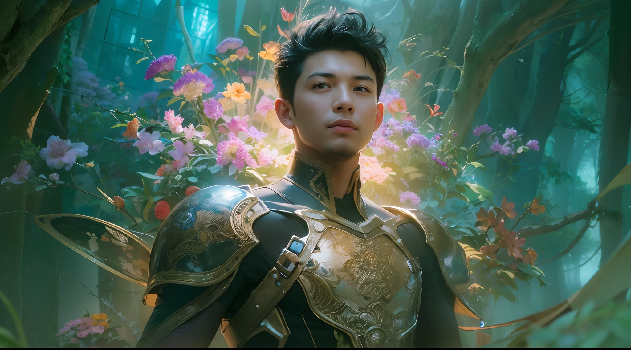 1boy, photo of very very handsome suave smiling young 25-year-old male Chinese prince, clothed in futuristic cybernetic armor, wearing a large futuristic crown, walking in an ethereal enchanted forest with neon glowing flowers and a rainbow in the sky, sci-fi, intricate, neon light, ((perfect face)), ((perfect hands)), ((perfect body)), ((correct anatomy)), ((ultra-realistic)), ((8k, UHD)), highly detailed, digital painting, artstation, concept art, human anatomy, soft light, smooth, illustration, art by tian zi and craig mullins and WLOP and alphonse mucha