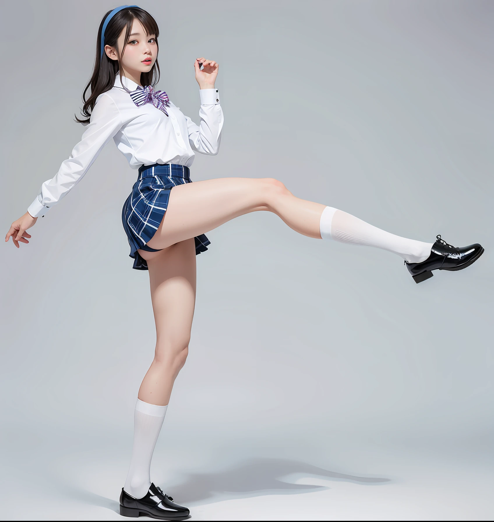 、lowfers、Blue checked skirt、pleatedskirt、Girls' School Uniforms、beauty legs、White High Socks