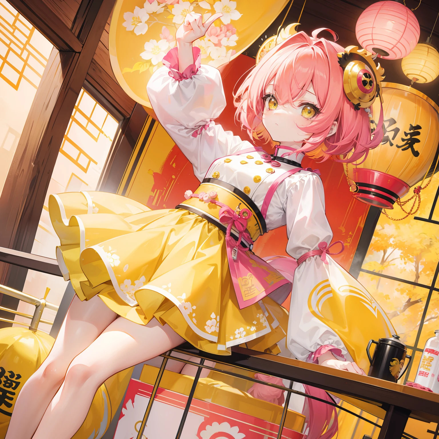 short, Helmet-like yellow-pink hair，It feels fluffy，Wear slender clothes with yellow powder，This is a quirk，Very cute lion dance 