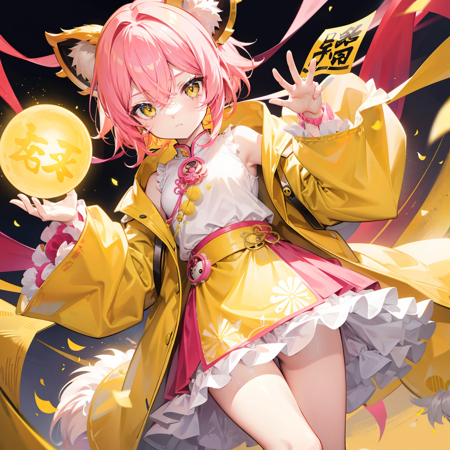 short, Helmet-like yellow-pink hair,It feels fluffy,Wear slender clothes with yellow powder,This is a quirk,Very cute lion dance loli