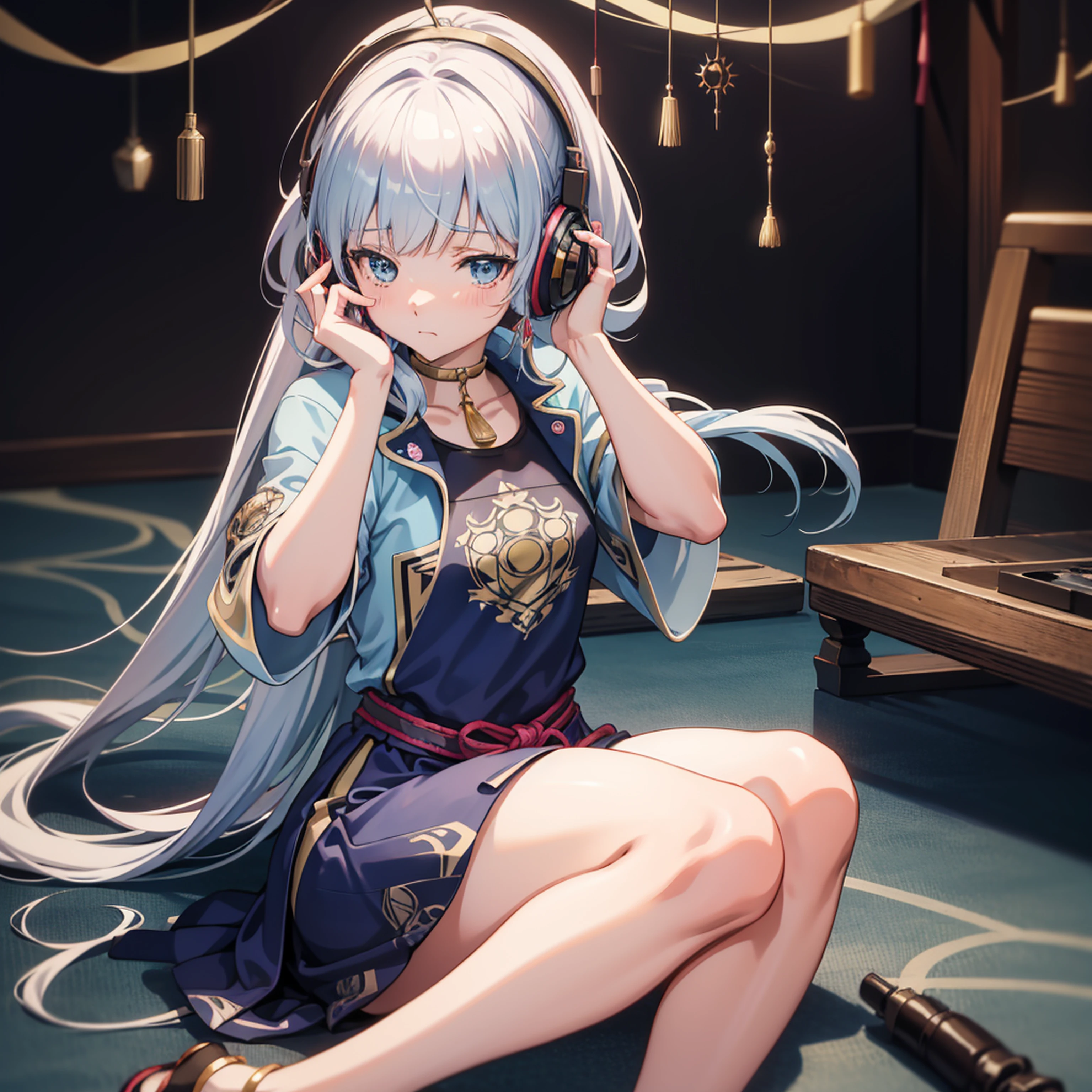 Anime style 4K,Best anime 4k wallpapers,Anime wallpaper 4K,Anime art wallpaper 8k,Anime art wallpaper 4k,Anime art wallpaper 4k,4K comic wallpaper,1girl solo,solid color backdrop,4K at night,Housewear,In the room,Make a call with a headset on,Hold your legs with both hands,Rest your head on your knees,With his head bowed
