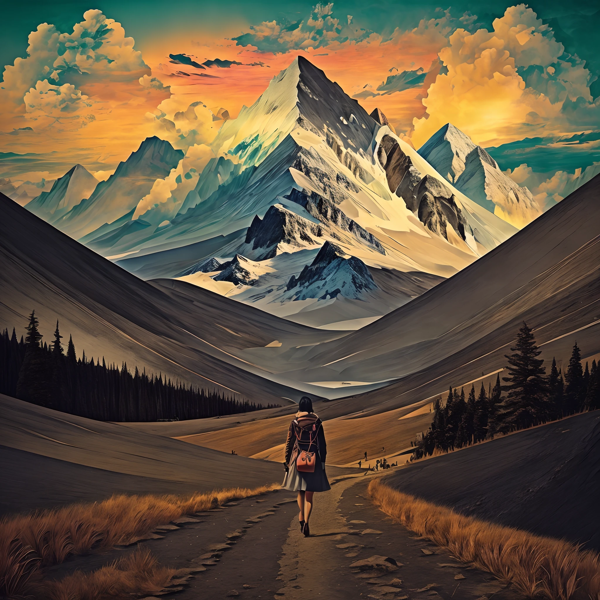 there is a woman walking down a path with a mountain in the background, collage art, surreal collage, collage artwork, a contemporary artistic collage, paper collage art, paper cut out collage artwork, digital collage, zig-zags. mountains, ( collage ), contemporary collage, paper collage, cut-out paper collage, collage style joseba elorza, frank moth