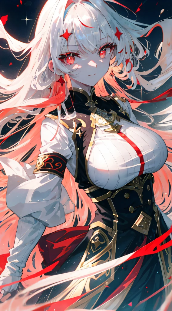 (Simple hands:0.5)+(Detailed hands:0.7),(tmasterpiece),(best qualtiy),Red eyes,1girll,Pale skin,whaite hair,Red eyes,two tone color hair,eyeslashes,Armband,jewely,Smiled,glistning skin,Shiny hair,Detailed and majestic stage,Fantastical,long whitr hair,1个Giant Breast Girl,two tone color hair,nigh sky, Incredibly detailed CG illustration masterpiece,Looking at you,anime big breast,beautiful anime eyes, beatiful detailed eyes, The eye, sparkle eyes, Red eyes, (full bodyesbian), (curves),