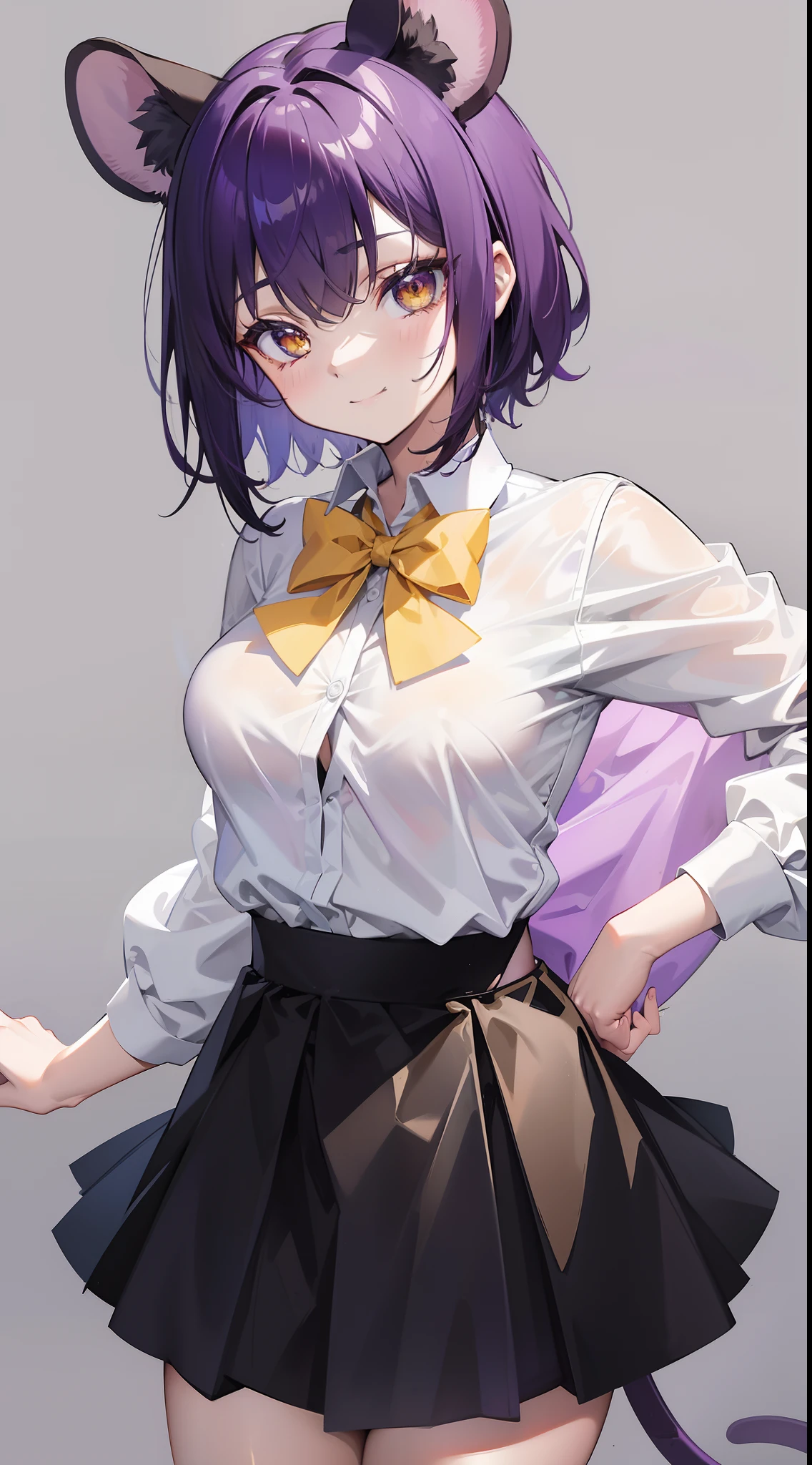 young girl, short purple hair, Yellow eyes, Mouse ears, tight white shirt with bow tie, tight black skirt, open breasts, Languid look, Lustful smile, Masterpiece, hiquality