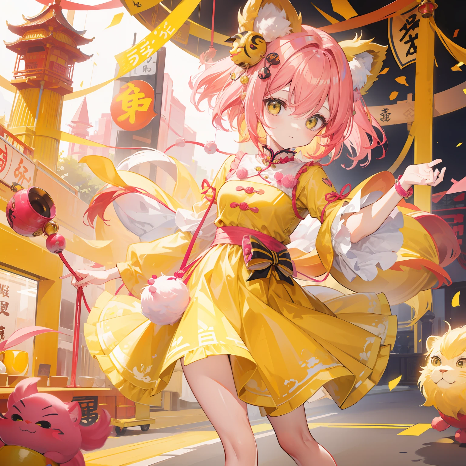 short, Helmet-like yellow-pink hair，It feels fluffy，Wear slender clothes with yellow powder，This is a quirk，Very cute lion dance loli