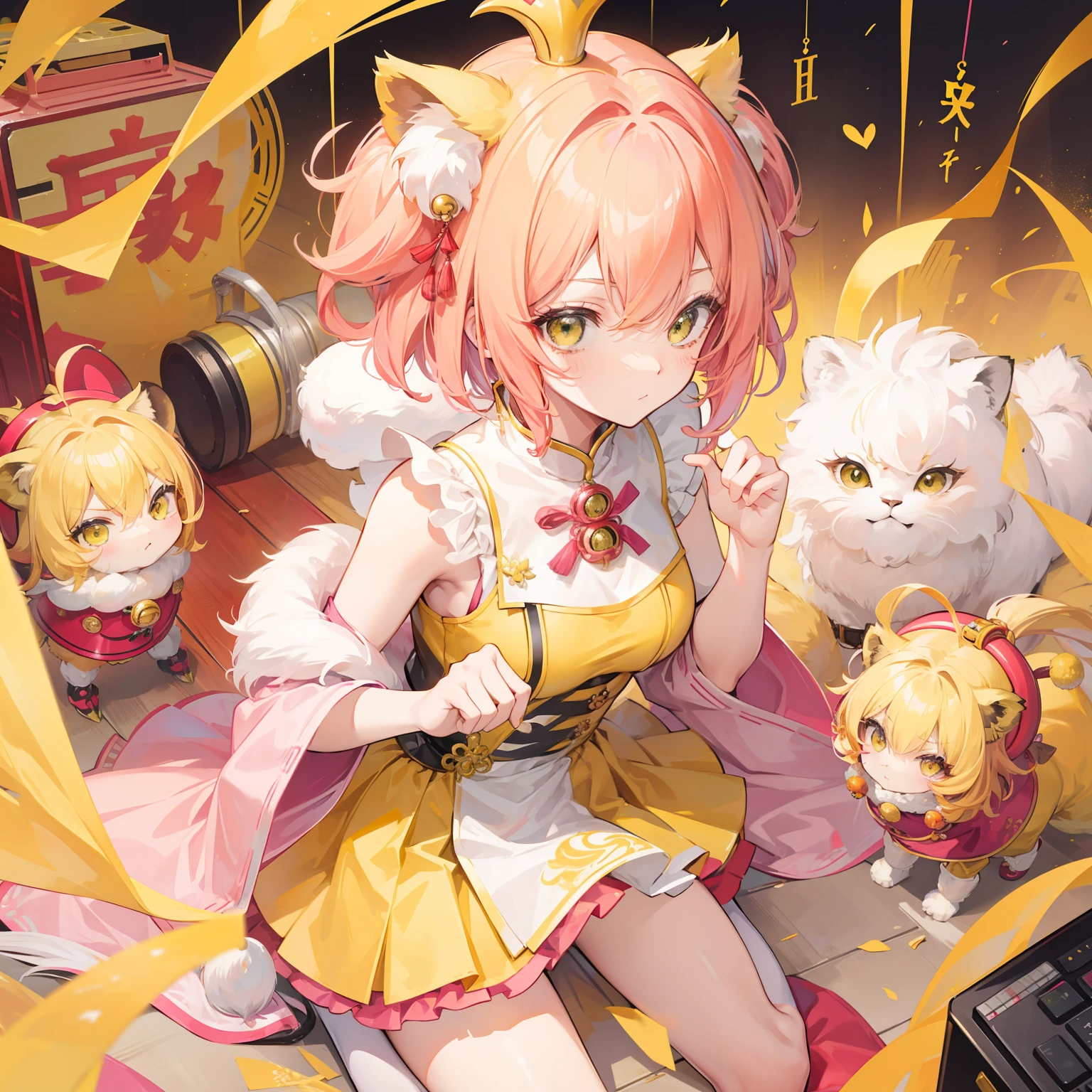 short, Helmet-like yellow-pink hair，It feels fluffy，Wear slender clothes with yellow powder，This is a quirk，Very cute lion dance loli