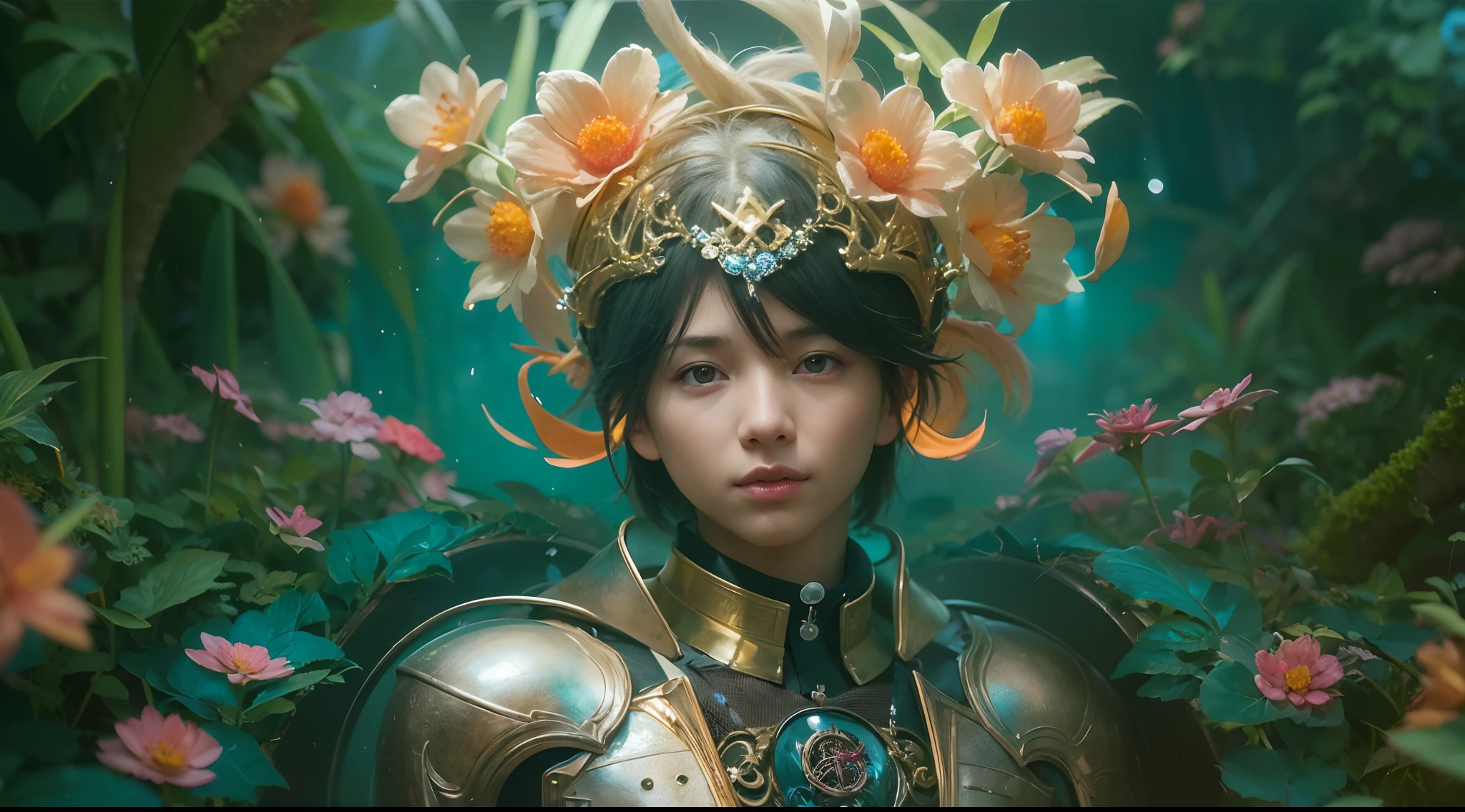 1boy, photo of very very handsome suave smiling young 25-year-old male Chinese prince, clothed in futuristic cybernetic armor, wearing a large futuristic crown, walking in an ethereal enchanted forest with neon glowing flowers and a rainbow in the sky, sci-fi, intricate, neon light, ((perfect face)), ((perfect hands)), ((perfect body)), ((correct anatomy)), ((ultra-realistic)), ((8k, UHD)), highly detailed, digital painting, artstation, concept art, human anatomy, soft light, smooth, illustration, art by tian zi and craig mullins and WLOP and alphonse mucha