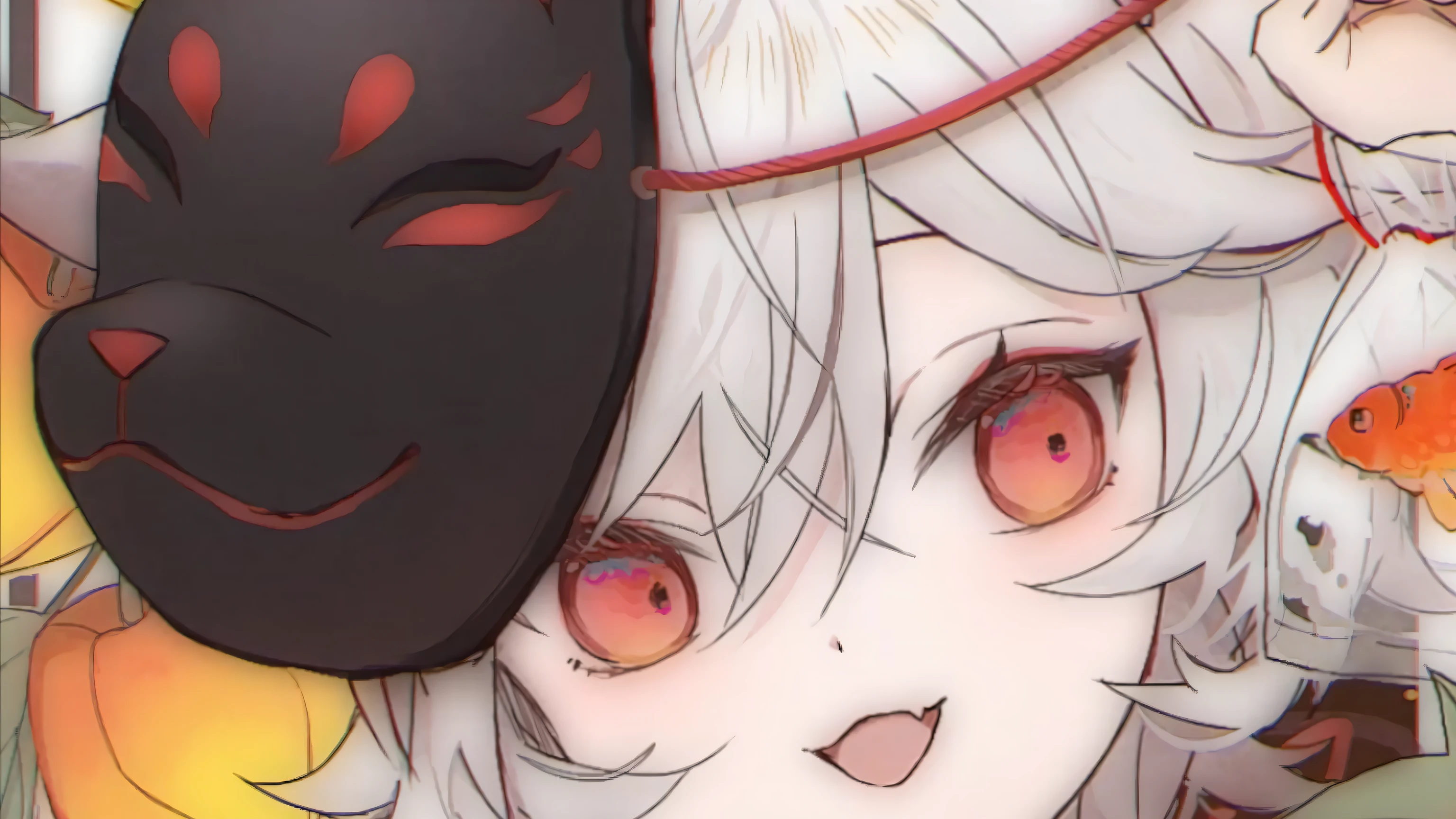 Anime girl with black hat and black mask，Surrounded by oranges, nagito komaeda, onmyoji portrait, Best anime 4k konachan wallpaper, from touhou, with glowing red eyes, Detailed digital anime art, Guviz, touhou project, close up of a young anime girl, Touhou, Onmyoji detailed art