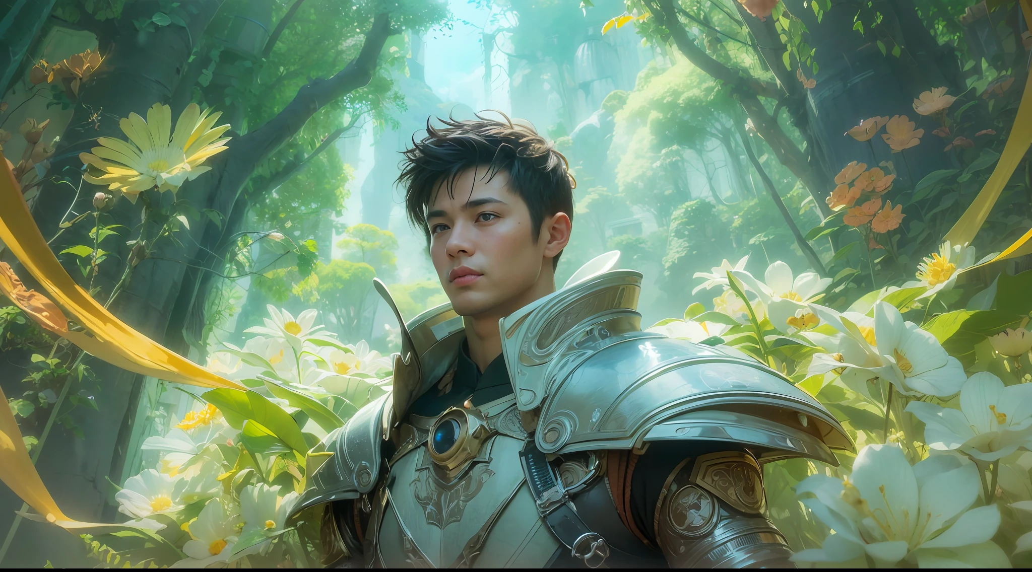 1boy, photo of very very handsome suave smiling young 25-year-old male Chinese prince, clothed in futuristic cybernetic armor, wearing a large futuristic crown, walking in an ethereal enchanted forest with neon glowing flowers and a rainbow in the sky, sci-fi, intricate, neon light, ((perfect face)), ((perfect hands)), ((perfect body)), ((correct anatomy)), ((ultra-realistic)), ((8k, UHD)), highly detailed, digital painting, artstation, concept art, human anatomy, soft light, smooth, illustration, art by tian zi and craig mullins and WLOP and alphonse mucha