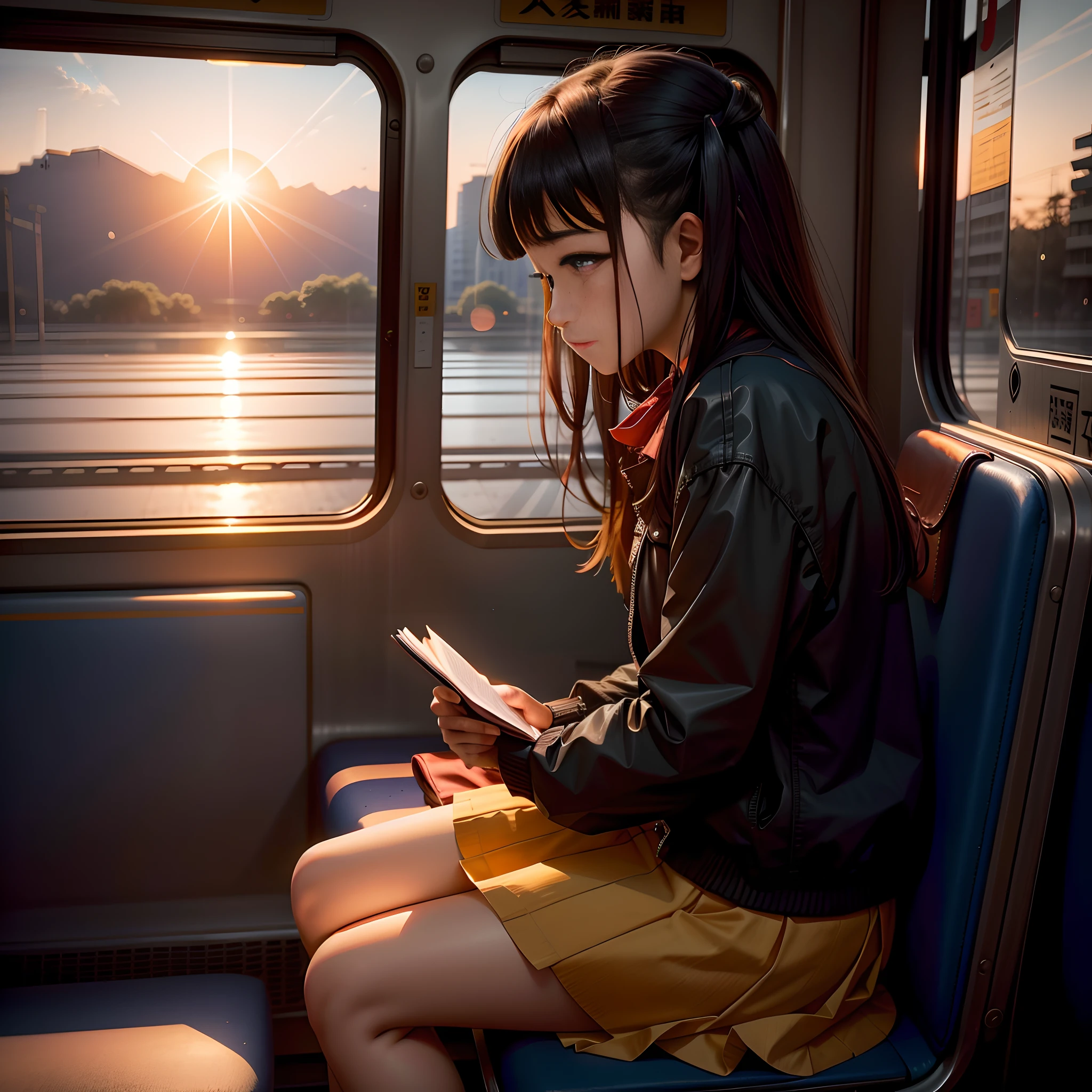 setting sun，There was a girl sitting in the seat of the train，One leg rests on the seat，Dressed in black，a skirt，The girl looked at the setting sun，Tears flowed from the girl's eyes，Only the side face of the girl can be seen