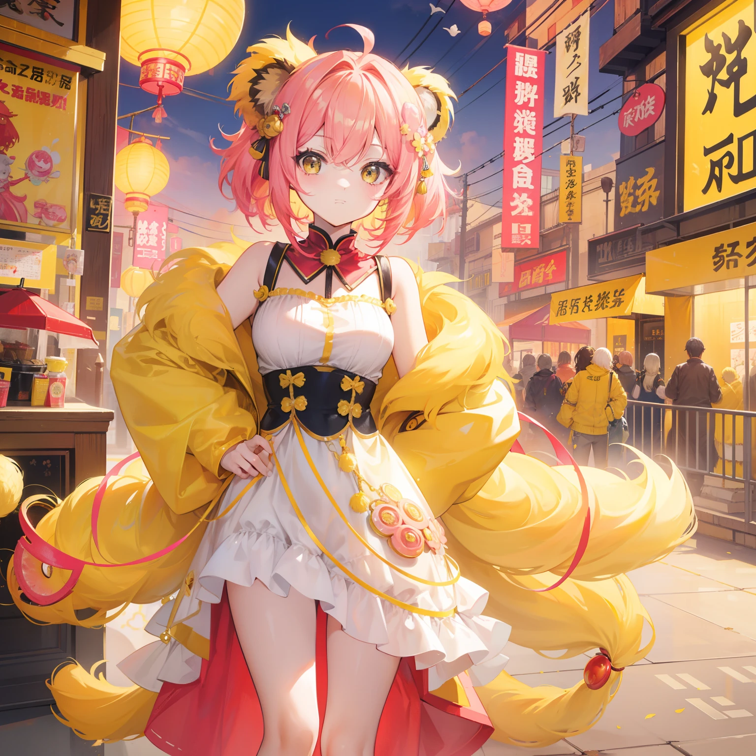 short, Helmet-like yellow-pink hair，It feels fluffy，Wear slender clothes with yellow powder，This is a quirk，Very cute lion dance loli