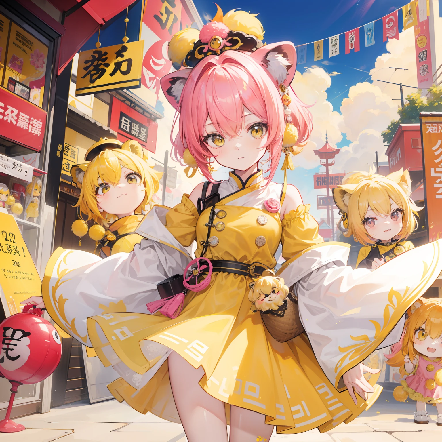 short, Helmet-like yellow-pink hair，It feels fluffy，Wear slender clothes with yellow powder，This is a quirk，Very cute lion dance loli