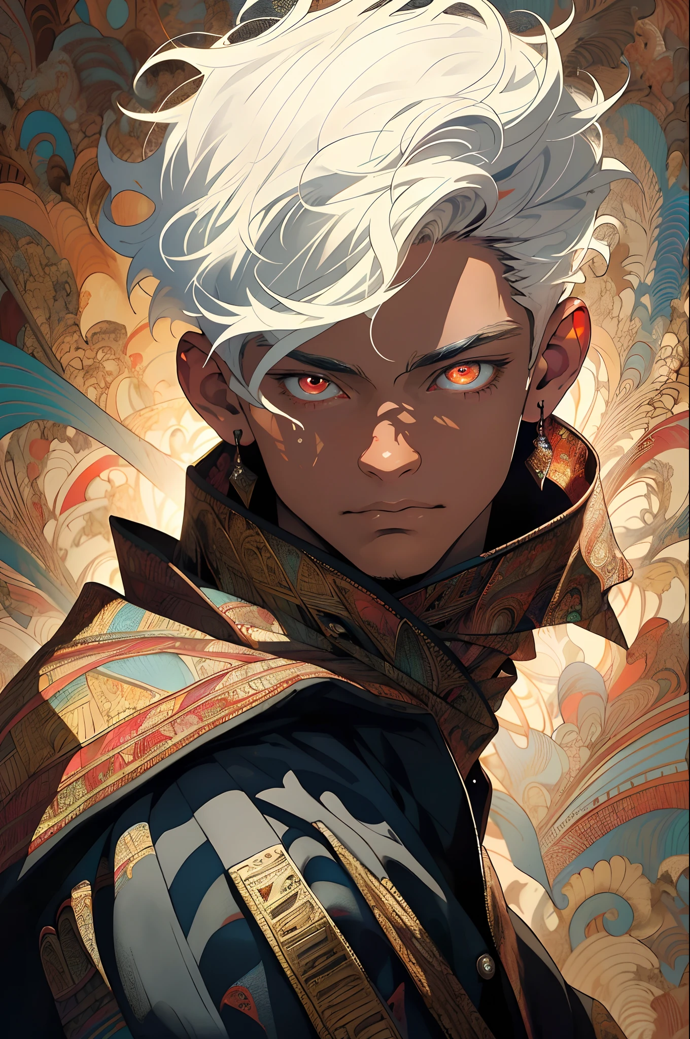 Realistic, (Masterpiece, Top Quality, Best Quality, Official Art, Beauty and Aesthetics: 1.2), Very Detailed, Fractal Art, Colorful, Most Detailed, Zentangle, (Abstract Background: 1.5) (1boy: 1.3), God, White Hair, Short Hair, (Glowing Red Eyes), Mysterious, (Magic), Ice, Handsome Man, Egyptian Style