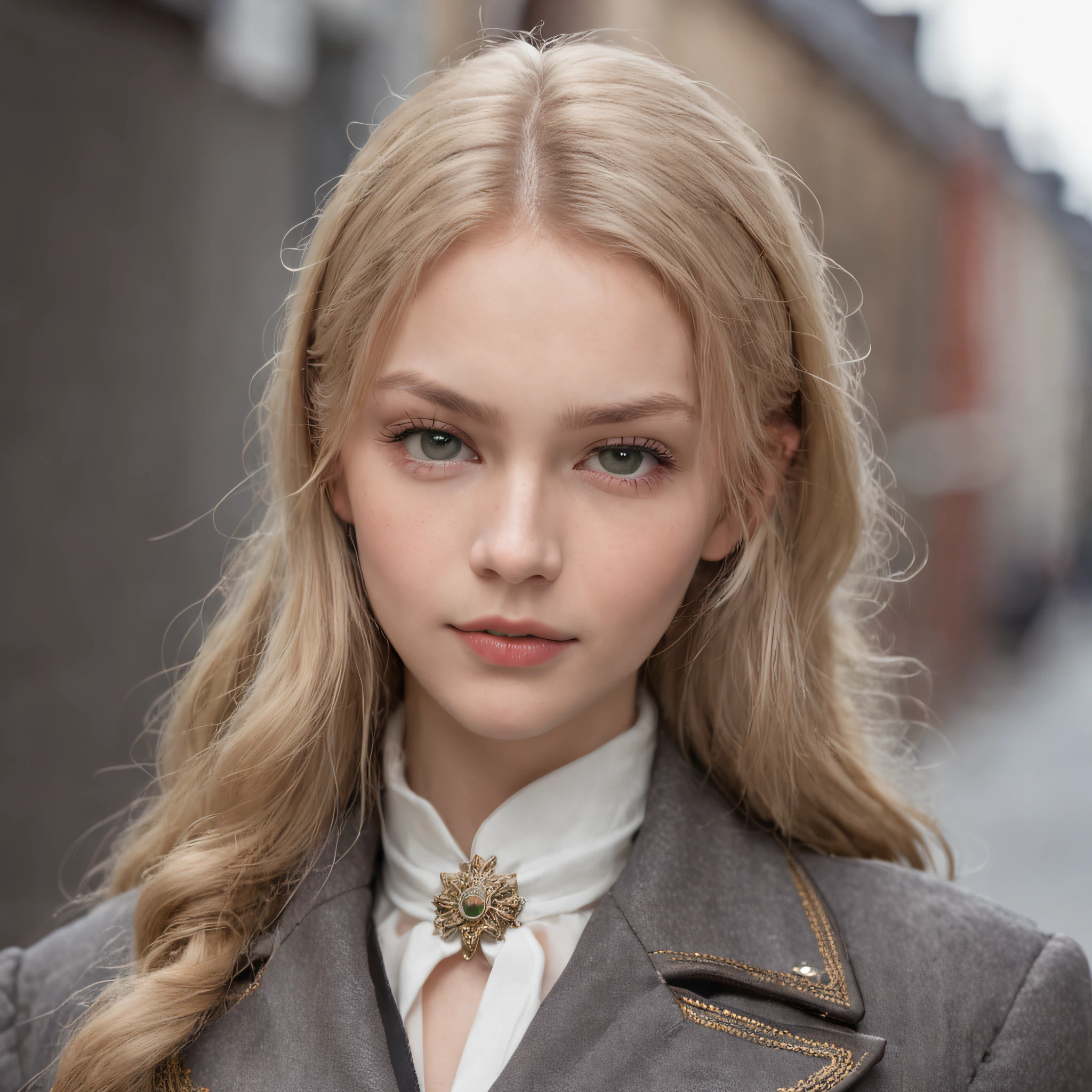 Lonely young girl, Tall stature, little chest, Slavic appearance: Green eyes; blond hair; sharp facial features; Straight nose; pronounced high cheekbones, stands upright, military uniform: gray double-breasted overcoat; gray pants, full length, max detail, Masterpiece quality, black leather gloves, in the middle of the street, Background: A street with a stone paved road with European stone houses from the first half of the 20th century, High quality shadows, High quality of light, High quality clothing.