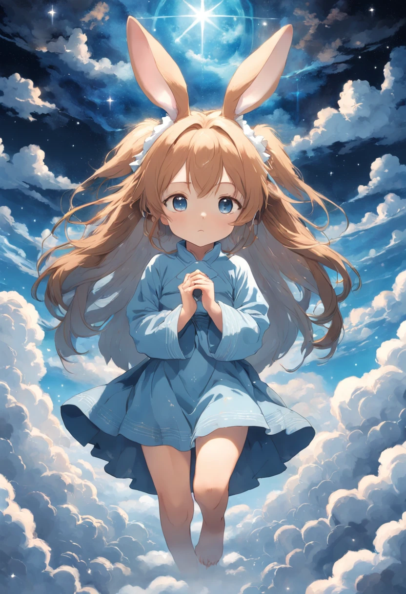 a cute bunny in a cloud over some stars framed by clouds on a wall, in the style of digital collage, dreamlike scenarios, animated gifs, ethereal dreamscapes, light brown and sky-blue, tarot card, eiichiro oda