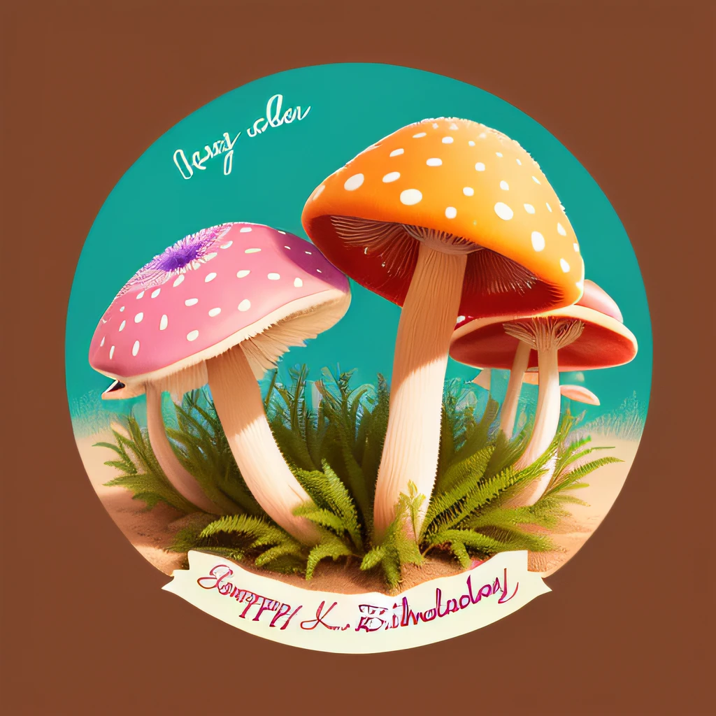 No centro da imagem, desenhe um grande cogumelo vermelho com pontos brancos, representando um cogumelo de conto de fadas. Ao redor do cogumelo central, Draw several smaller mushrooms in different colors, como amarelo, rosa, roxo e azul. Adicione alguns detalhes ao redor dos cogumelos, como folhas verdes, grama e pequenos insetos como joaninhas, abelhas ou borboletas. No topo da imagem, put the message "Happy Birthday!" written in a fun and colorful font. No canto inferior direito da imagem, adicione o nome "Julia" em uma fonte bonita e personalizada. Abaixo do nome escreva "5 anos".