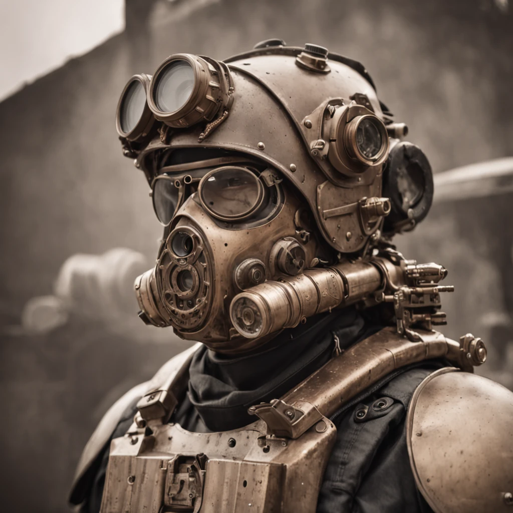 Ultra high resolution, steampunk-styled illustration, soldier posing in warzone, mechanical armor, intricate gadgets, dystopian battlefield, industrial machinery, professional artist, captured with Pentax 645Z, 75mm lens, Ilford Delta 3200, art by H.G. Wells-inspired, heroic mood, brass and copper tones, textured surfaces, steam effects, cogwork details, gritty background, imaginative weaponry, strong stance, otherworldly technology, fierce expression