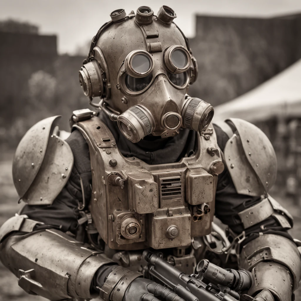 Ultra high resolution, steampunk-styled illustration, soldier posing in warzone, mechanical armor, intricate gadgets, dystopian battlefield, industrial machinery, professional artist, captured with Pentax 645Z, 75mm lens, Ilford Delta 3200, art by H.G. Wells-inspired, heroic mood, brass and copper tones, textured surfaces, steam effects, cogwork details, gritty background, imaginative weaponry, strong stance, otherworldly technology, fierce expression